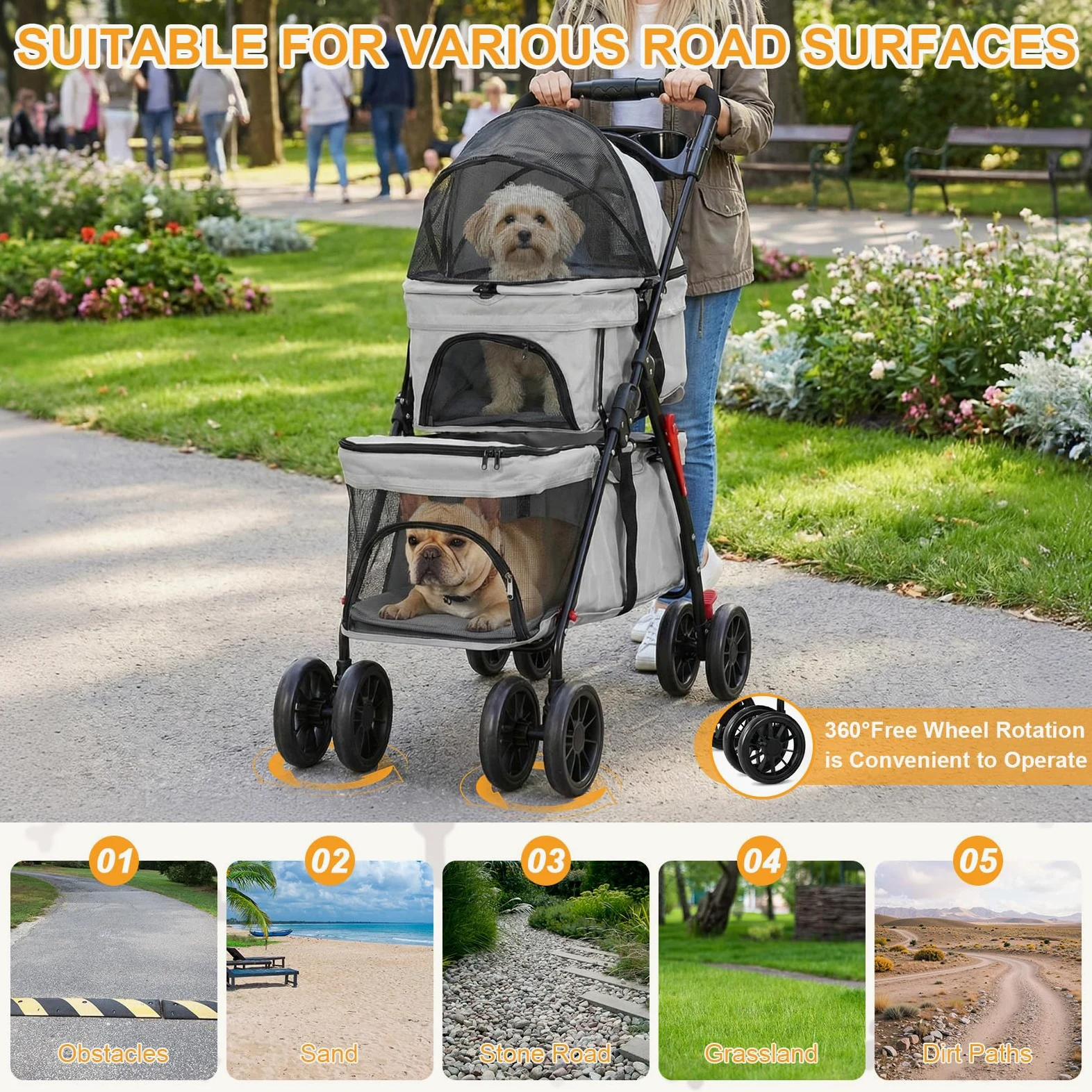 Passeggino per animali domestici a doppio strato per cani e gatti di piccola e media taglia, 3 in 1, pieghevole, passeggino da viaggio leggero, 100 cm x 73 cm x 49 cm (grigio)