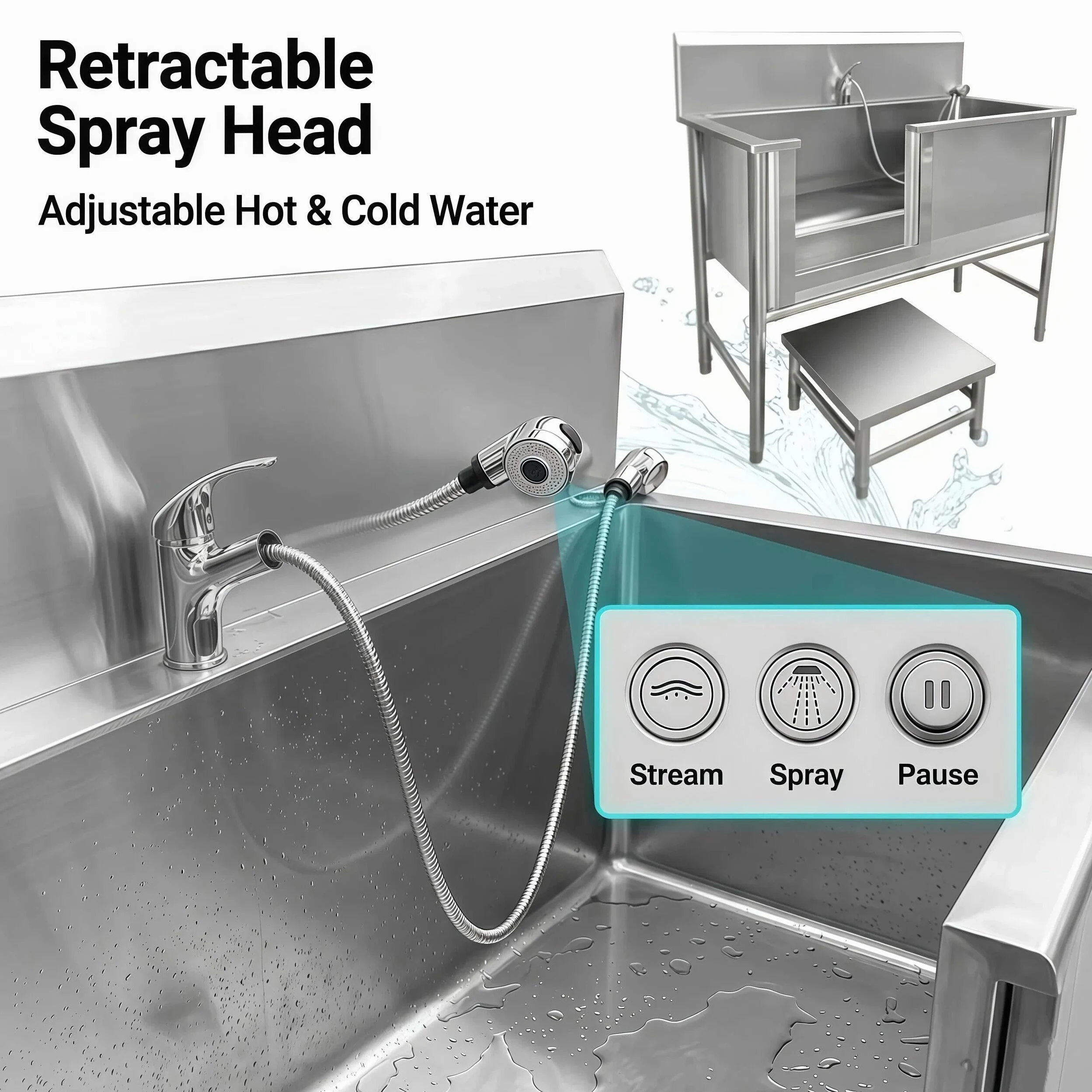 Vasca da Bagno per Cani in Acciaio Inox 304, Vasca Toelettatura Professionale con Pedana di accesso e Porta Scorrevole, Stazione Lavaggio Cani Antiscivolo con Miscelatore fino a 100 kg (47.24in)