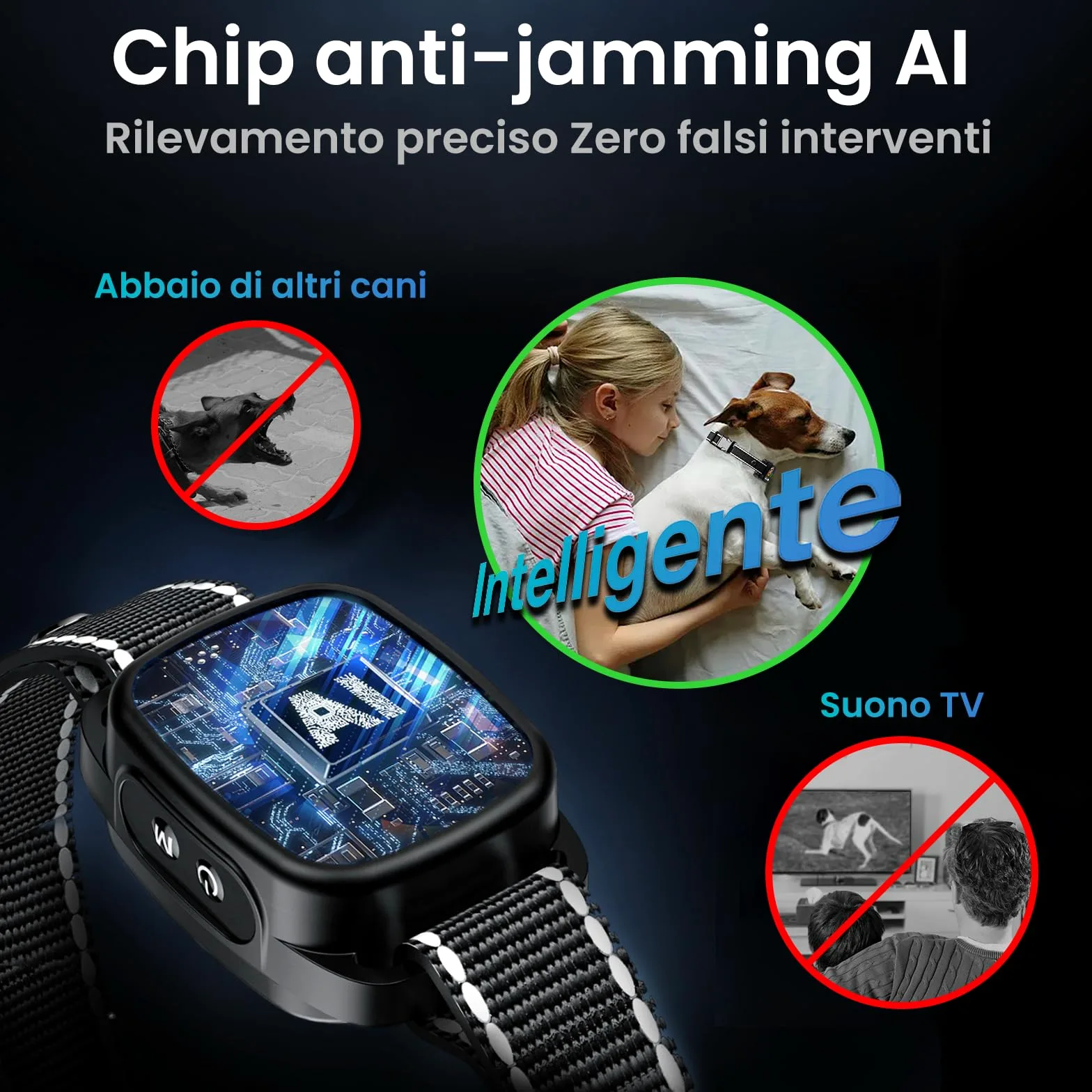 Collare Antibark per Cani, Modalità Suono/Vibrazione/Vibrazione Forte, Rilevamento Intelligente dei Guaiti, Ricaricabile, Impermeabile IP67, per Cani Piccoli e Grandi (Nero)