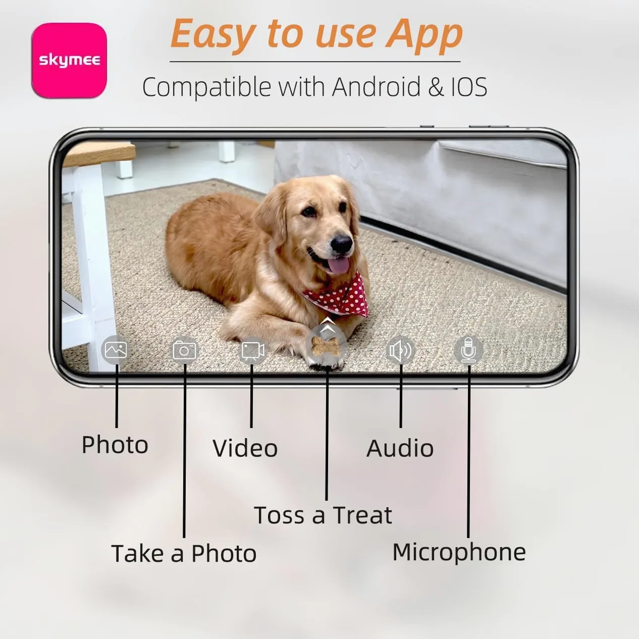 SKYMEE Dog Camera Videocamera per Cani con Treat Dispenser Lancio Croccantini Videocamera per Animali WiFi Telecomando 1080P HD Visione Notturna Audio Bidirezionale, Compatibile con Alexa