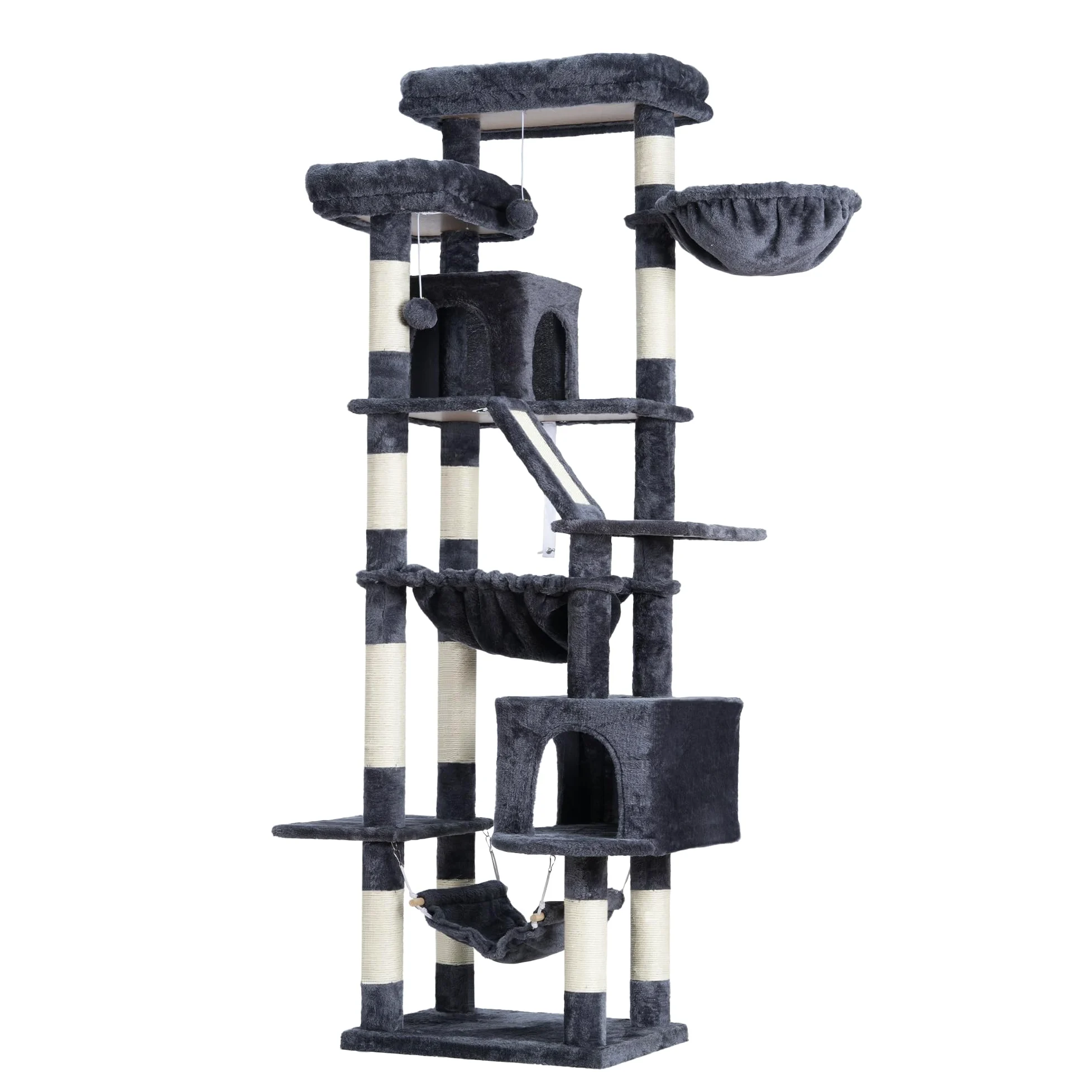 Heybly Albero Per Gatti, Torre 180 cm, 2 Piattaforme, 2 Capanne, 2 Amache, Pannello Per Sgualabocche. Grande Mobile Per Gatti Con Spazio Dormire, Grigio Fumo HCT034G