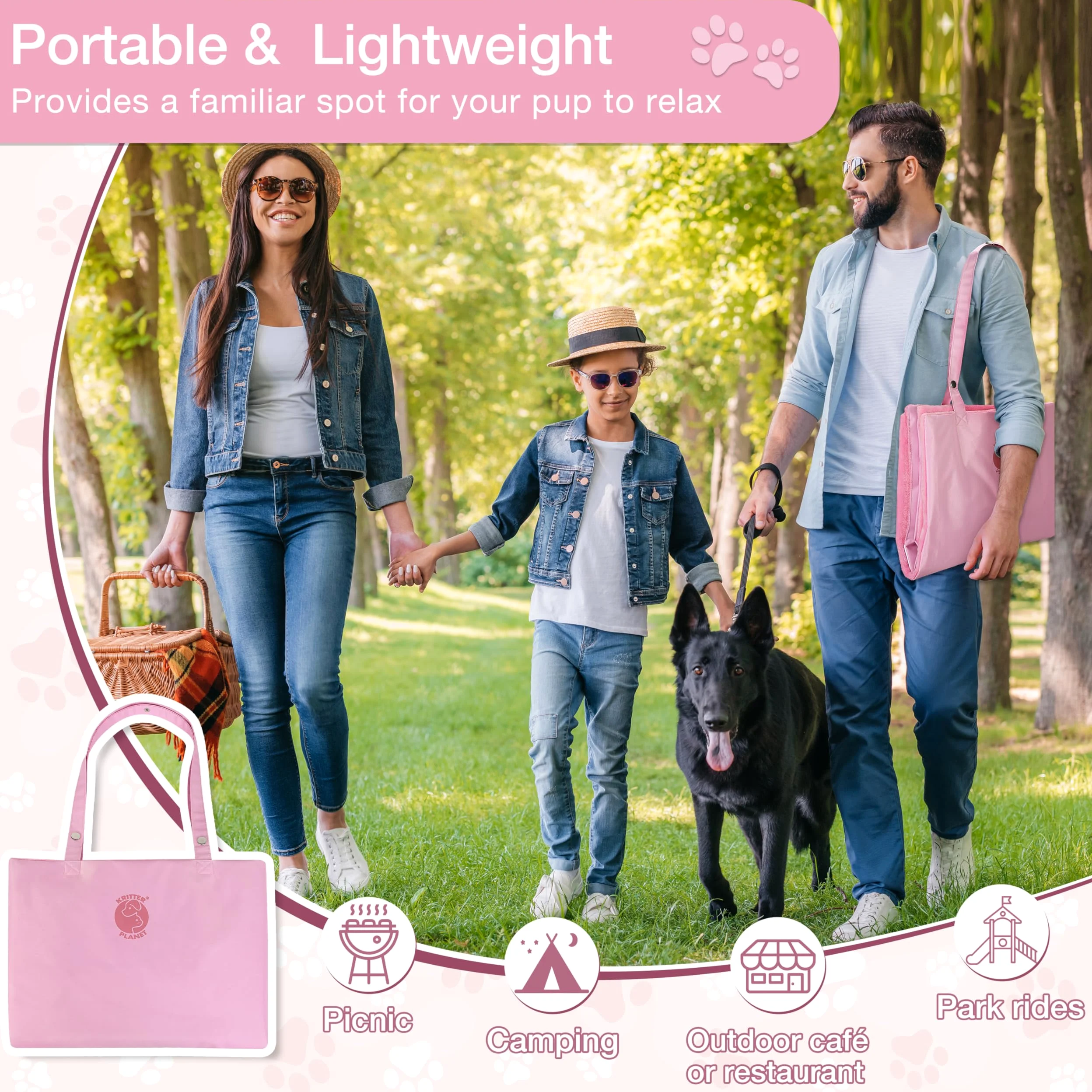 Coperta Impermeabile per Cani da Viaggio 80 x 60 cm, Tappetino per Cani da Esterno, Cuscino Lavabile per Cani da Portare Via, Letto Pieghevole per Cani da Viaggio, Auto, Campeggio, Rosa