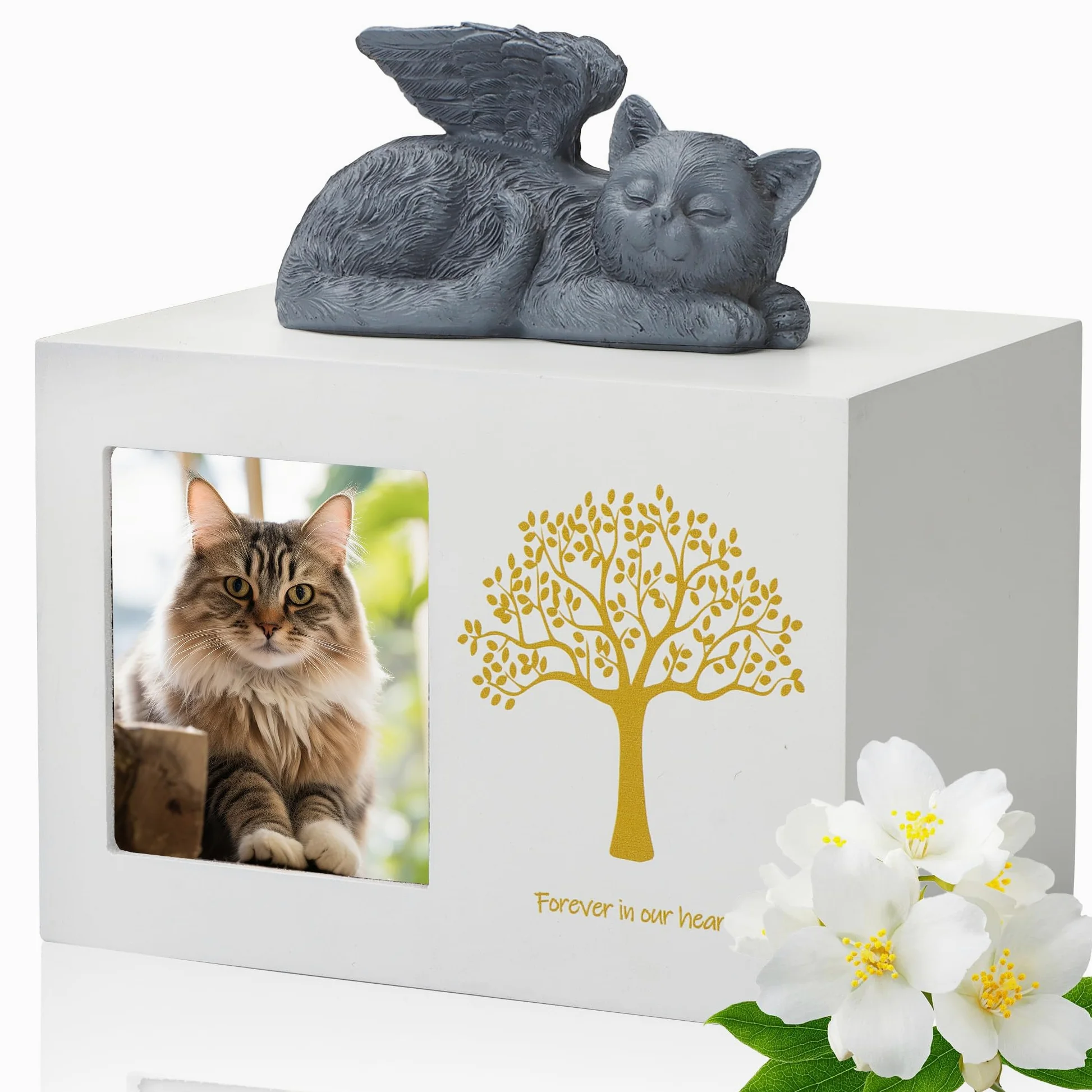Scatole di cremazione per animali domestici, urna bianca in legno, con statua di angelo di gatto in resina e sacchetto