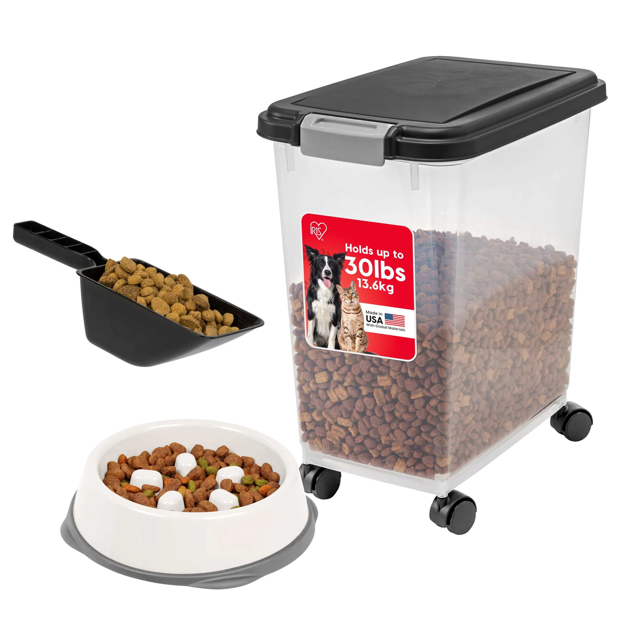 IRIS USA - Contenitore ermetico per cibo per cani, con paletta da 2 tazze e ciotola per mangiatoia lenta, fino a 13,6 kg, con ruote attaccabili, ciotola antiscivolo a becco corto, facile da pulire,