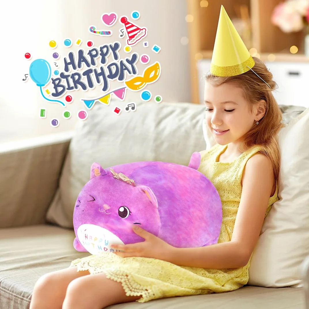 Peluche Gatto Compleanno - Giocattolo Morbido con Scritta 'HAPPY BIRTHDAY', Regalo Personalizzabile per Bambini Adulti (25CM,Viola)