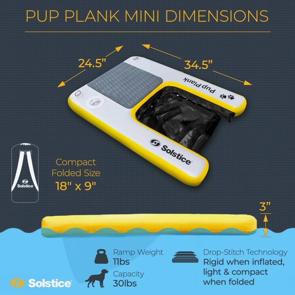 SOLSTICE Piattaforma gonfiabile per cani, per imbarcazioni e banchine, mini, capacità di 13,6 kg, piattaforma galleggiante per animali domestici, per lago, fiume, spiaggia e piscina, con pompa, design