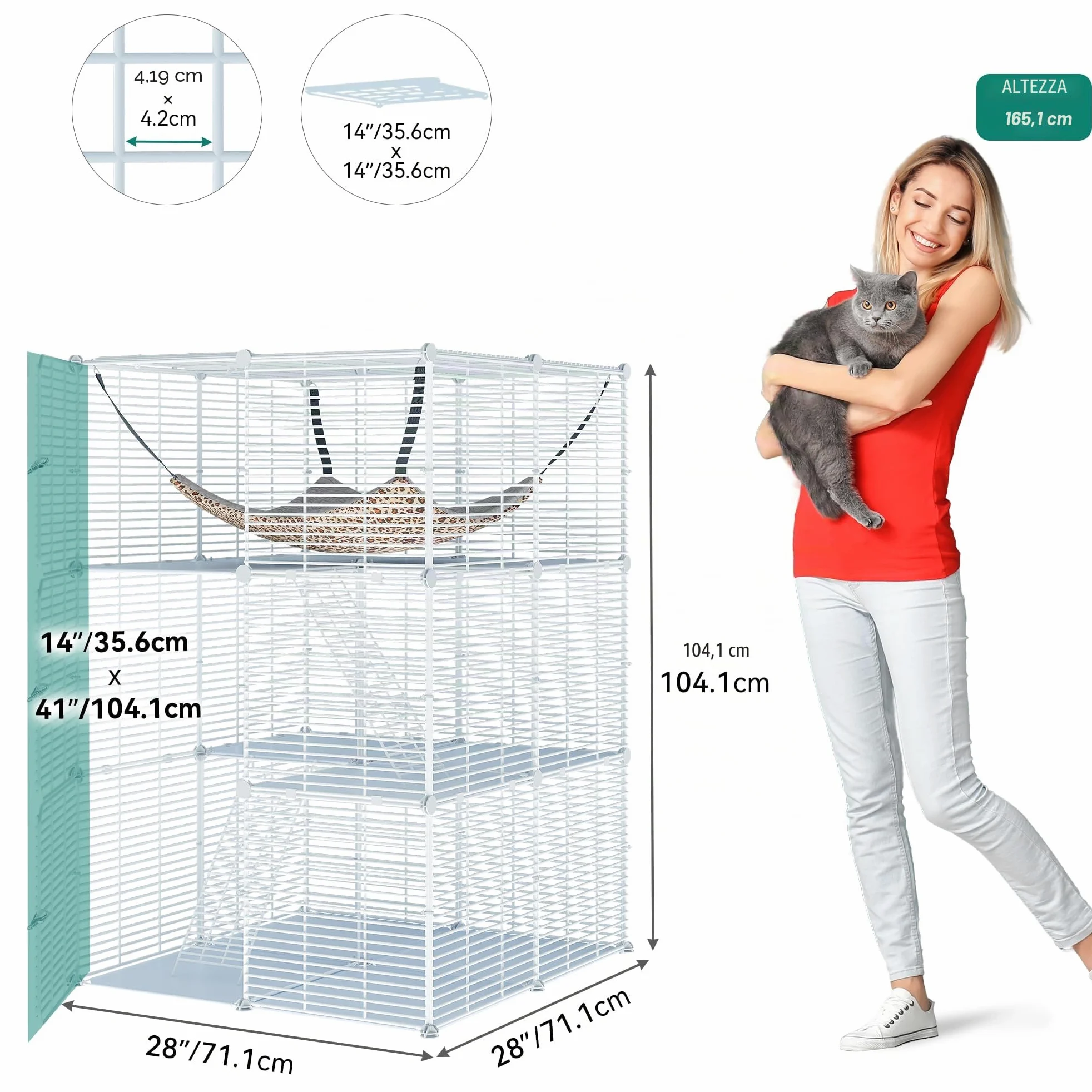 YITAHOME Recinto per Gatti a 3 Livelli Con 3 Porte, 2 Scale, Box in Metallo Con Amaca, Catio a Filo Denso Rimovibile per 1-2 Gatti, Bianco, 72x72x104 cm
