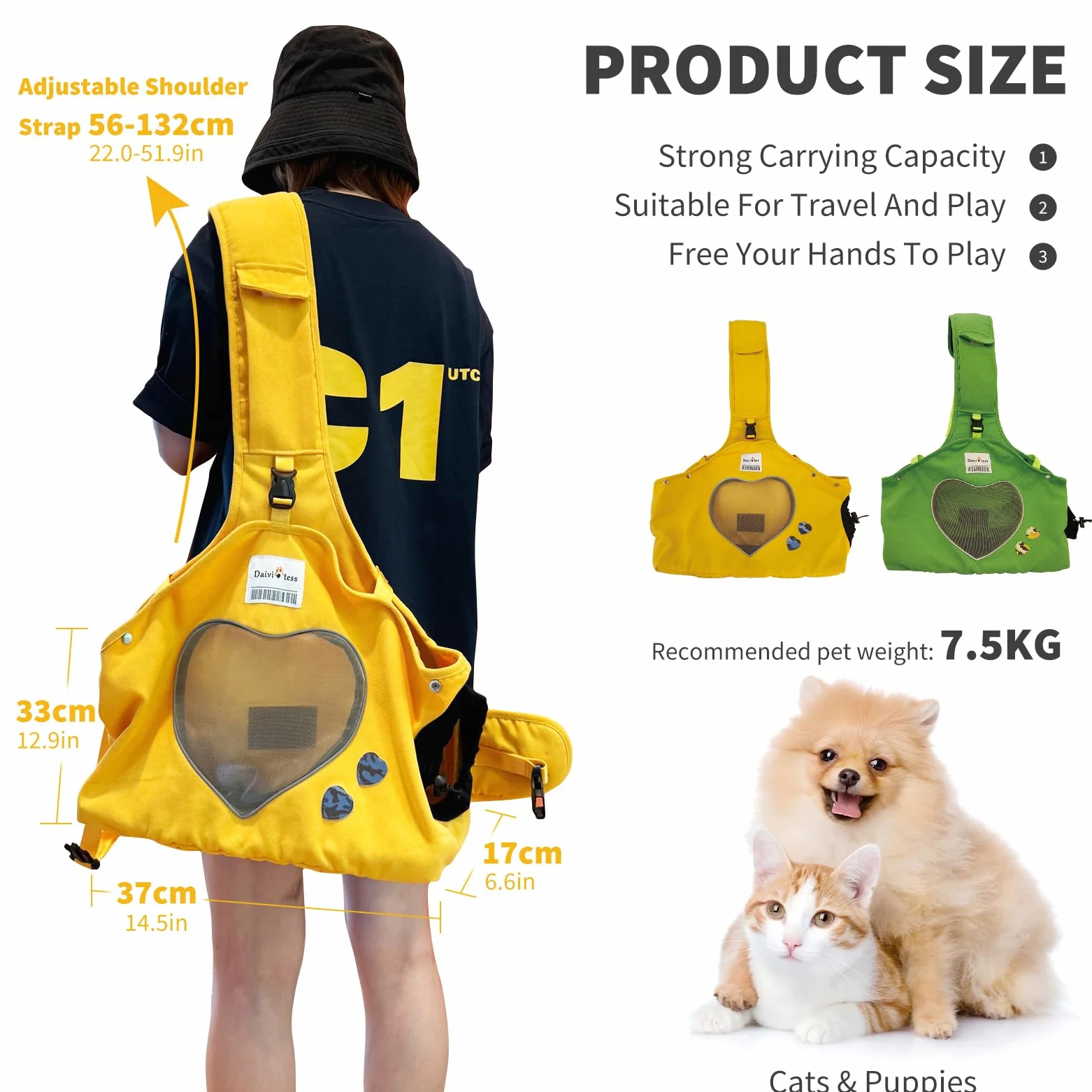 PETCUTE Borsa da trasporto per cani regolabile, tracolla ergonomica a mani libere per animali medi (10 kg max.) - Uso esterno/viaggio/metropolitana (giallo)