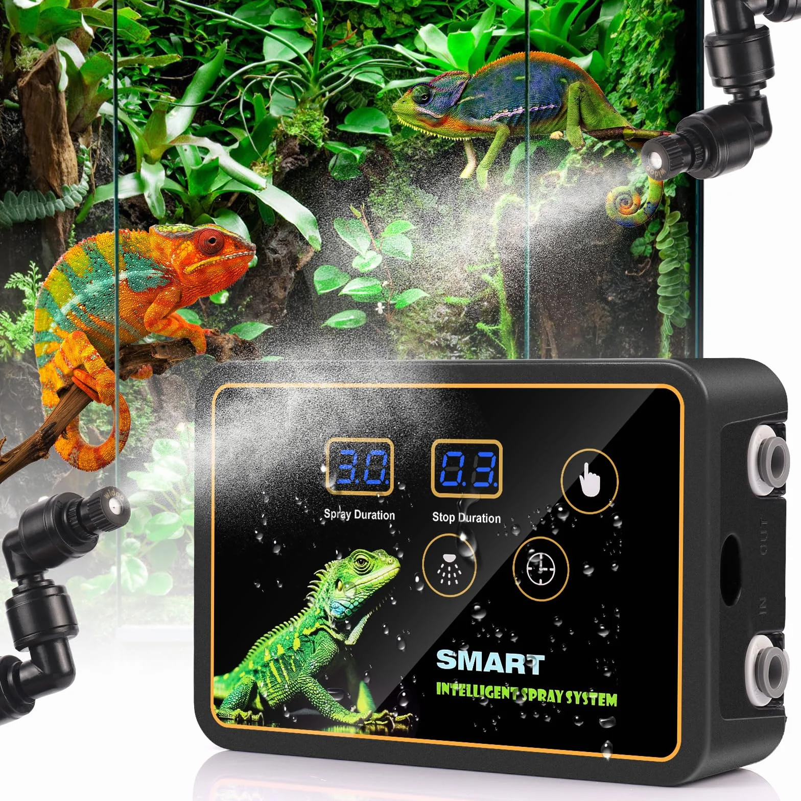 Nebulizzatore Terrario, Glovios Nebulizzazione per Teca Rettili, Umidificatore per Rettili con Timer e Ugelli a 360°, Umidificatore Rotante per Anfibi Rettili Piante Fiori