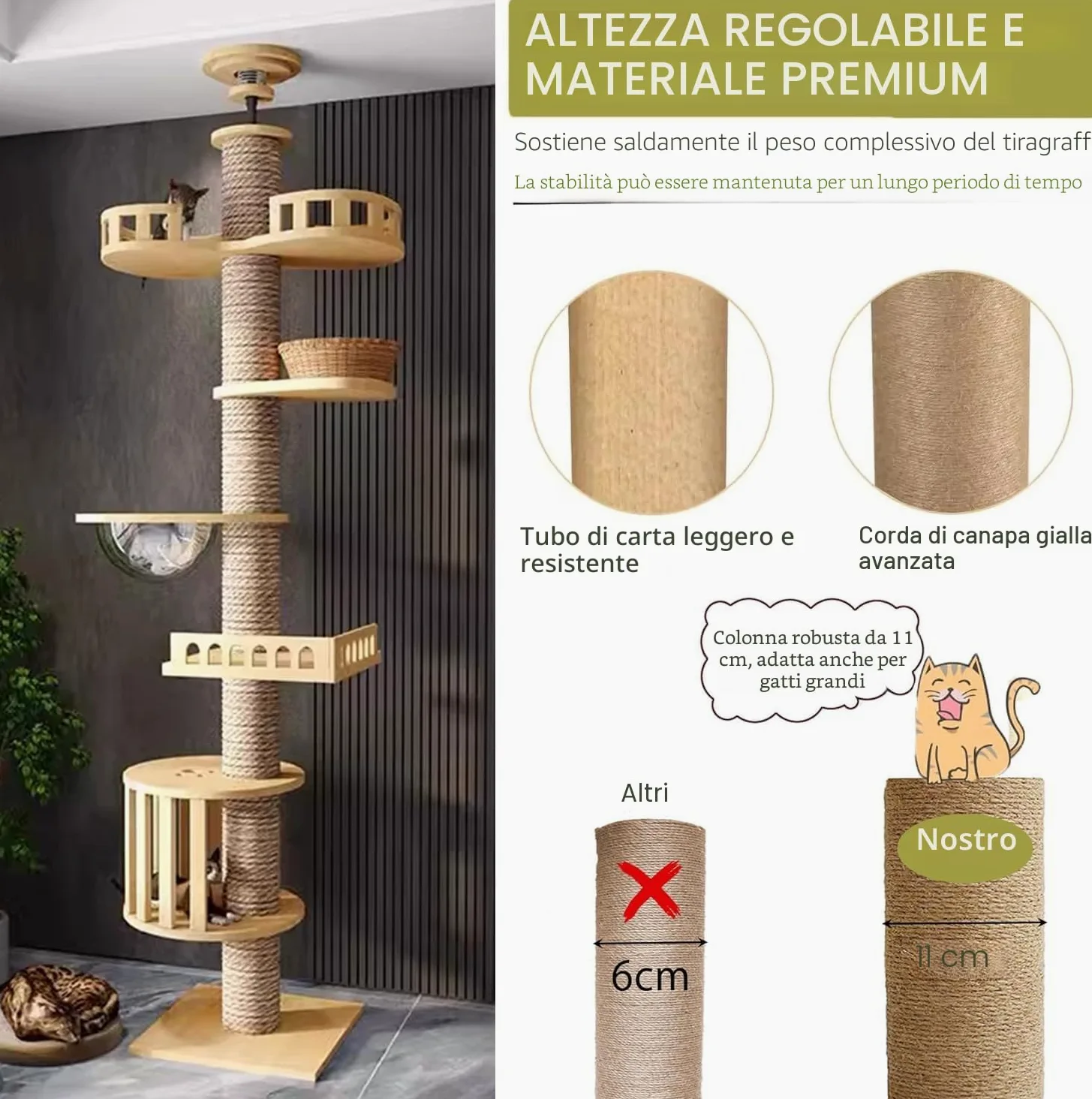 Tiragraffi a soffitto, tiragraffi alto, capsula stanza, amaca per gatti, completamente avvolta in corda di sisal, capsula per stanza, gabbia per gatti (240~280 cm T03), altezza del soffitto