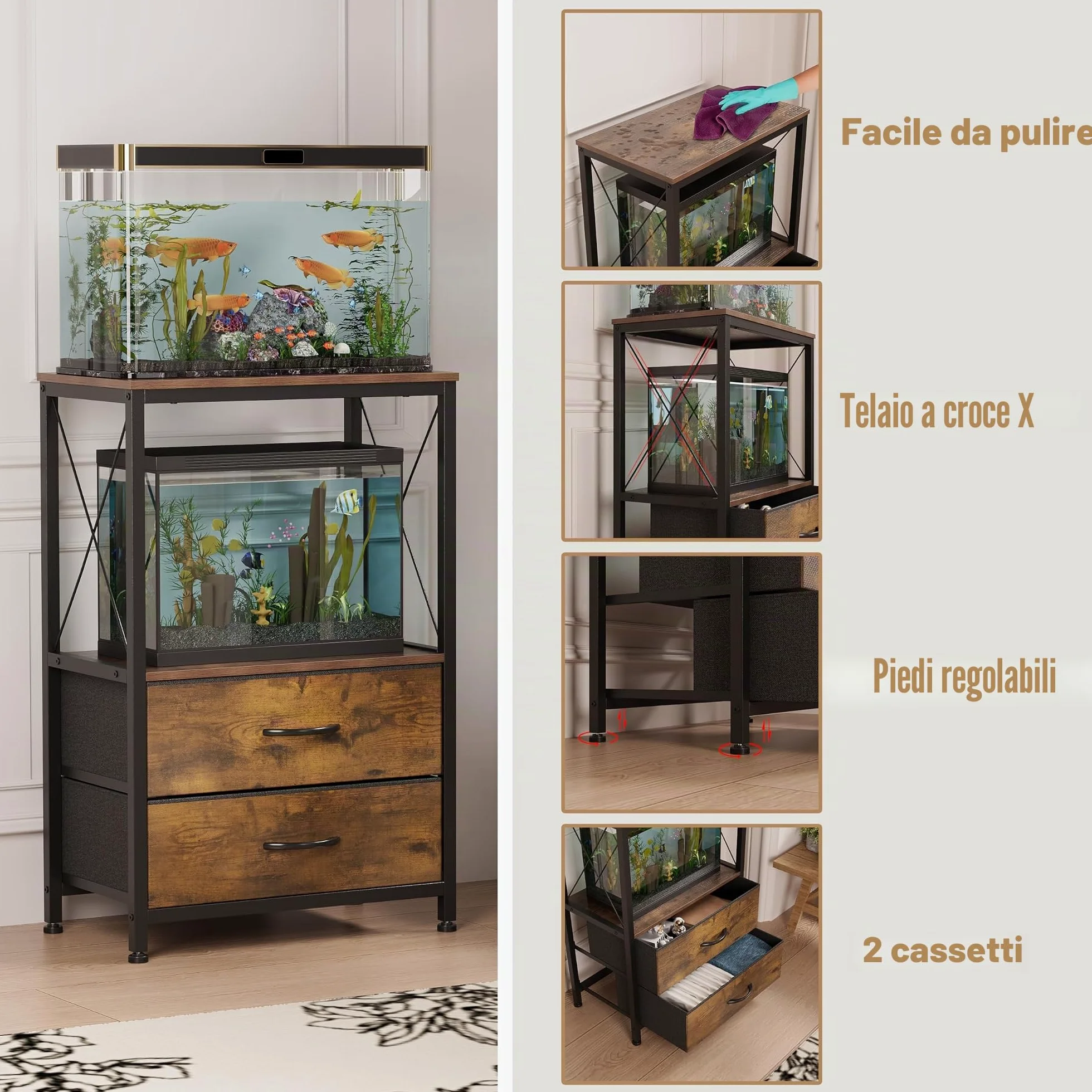 Supporto per acquario, 38 l, con 2 cassetti, per acquario, per 40 l, per pesci e tartarughe e rettili, 2 piani, colore marrone rustico