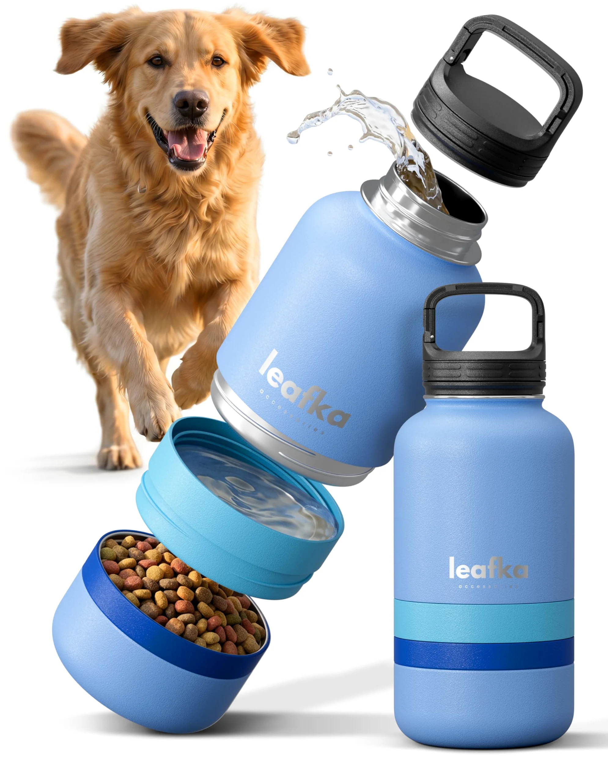 Bottiglia per cani 3 in 1 con ciotola d'acqua e scomparto crocchette, borraccia da viaggio portatile per cani e gatti, bottiglia di trasporto acqua e cibo per animali - 1L (blu)