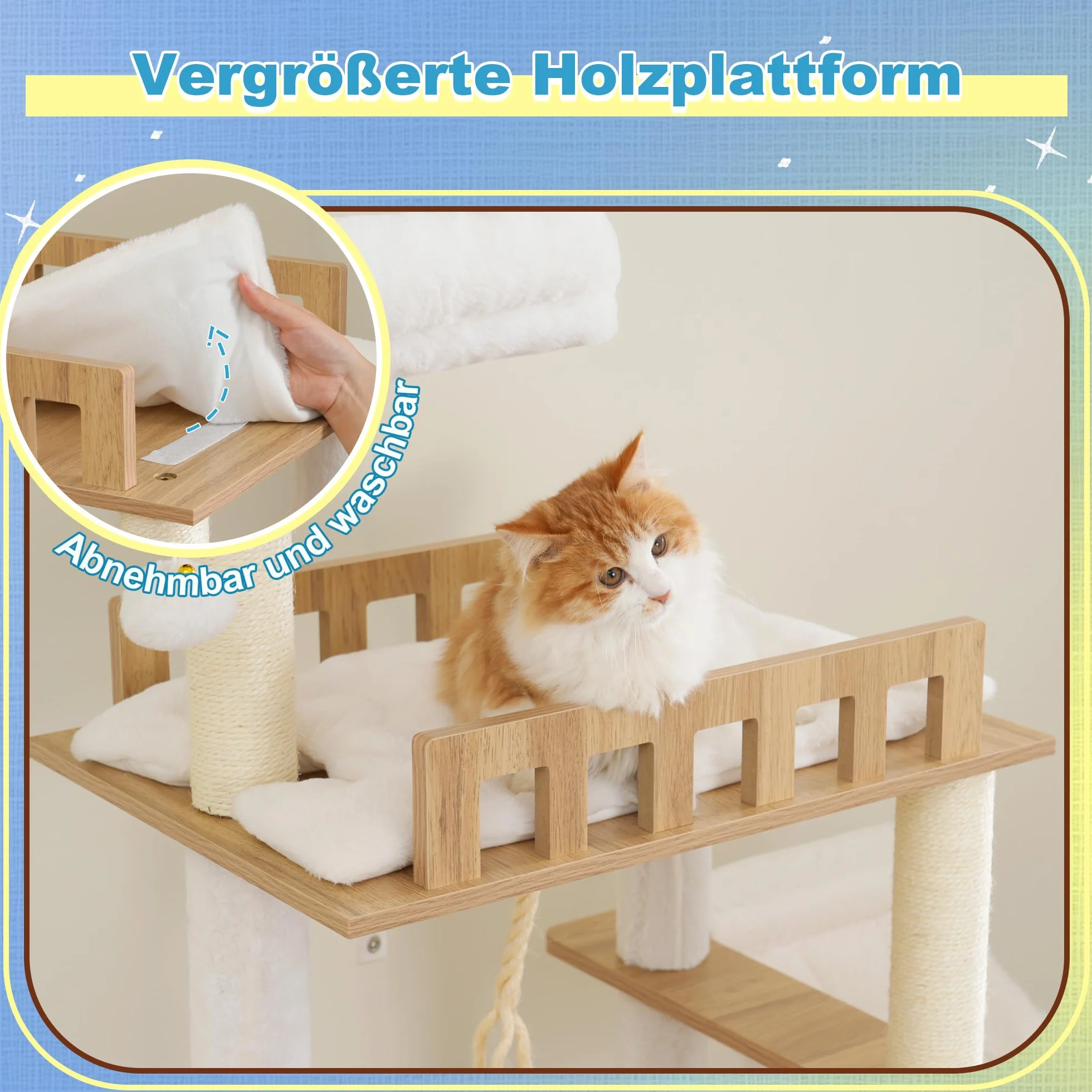 Hey-brother Albero per Gatti in Legno Moderno, Tiragraffi per Gatti 184 cm, Multinivello Stabile con Piattaforme Grandi, Amaca, Nido Spazioso, Pettine per Mantello e Scala, Bianco Rovere MPJ121BT