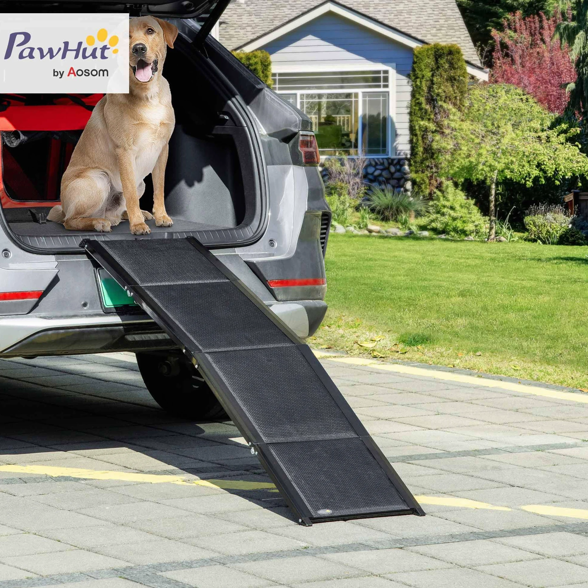 PawHut Rampa per Cani Pieghevole con Superficie Antiscivolo, Pedana per Cani con Profili in Alluminio, 158x43.5x2.5cm, Nero