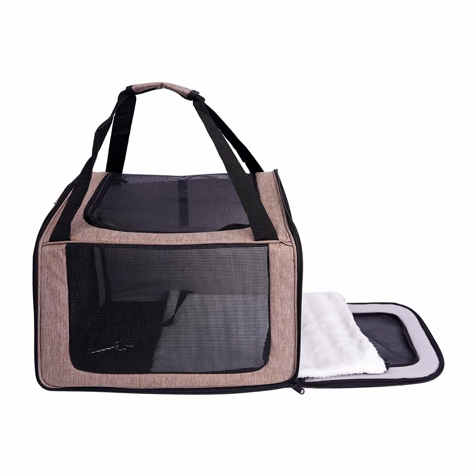 Trasportino per cani e gatti, borsa porta-cane traspirante per animali domestici, trasportino da viaggio con ventilazione, tasche laterali, due porte con tracolla per auto (Marrone, 35x40x45cm)