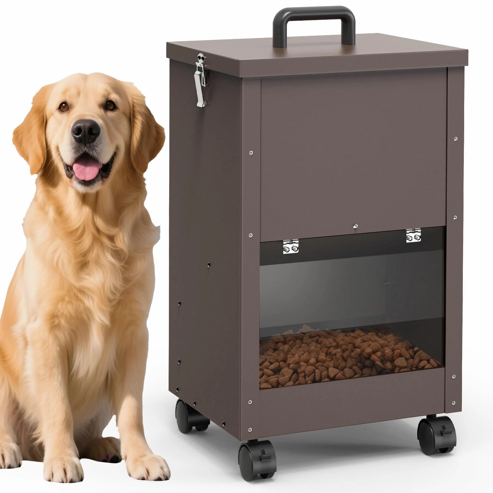Alimentatore Automatico Per Cani Galvanizzato Per Razze Di Grandi Dimensioni, Distributore Di Cibo Per Cani Da 40L Con Ruote Per Grandi, Alimentatore A Gravità Per Cibo Per Metallico Brun
