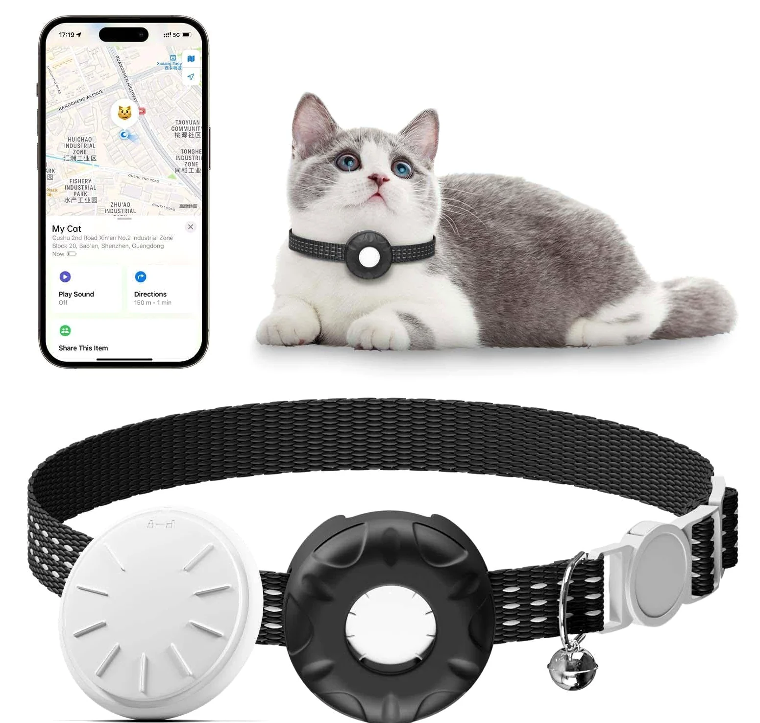 Localizzatore GPS per gatti, impermeabile, per gatti, con fibbia elastica di sicurezza, funziona con qualsiasi collare, compatibile con Apple Find My App (solo iOS), senza canone mensile, nero