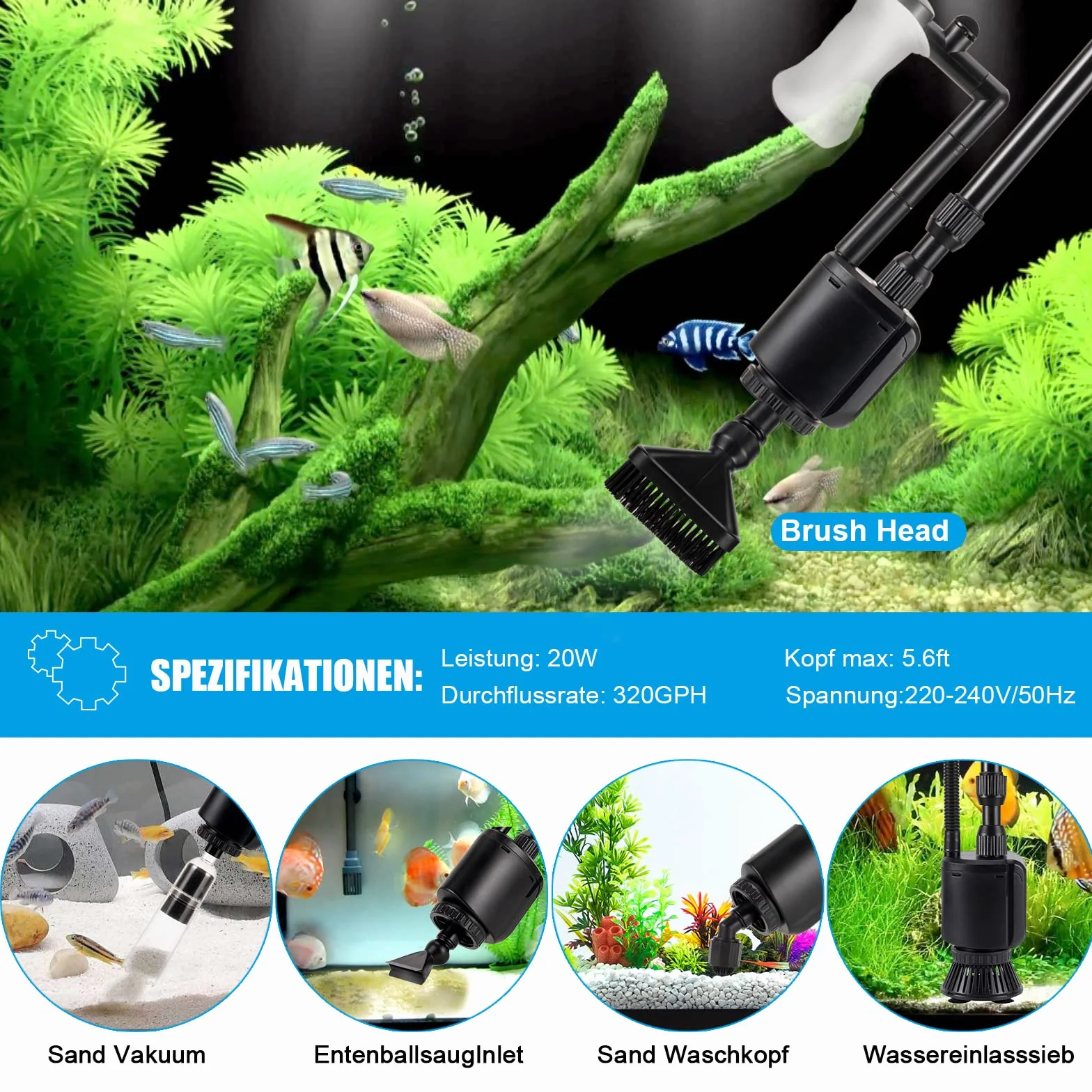 AQQA 6 in 1Elettrico Detergente per Ghiaia dell'acquario,aspirapolvere per sifone per acquario per assorbire lo sporco,Filtro Acqua Doccia,Kit di Pulizia Multifunzione