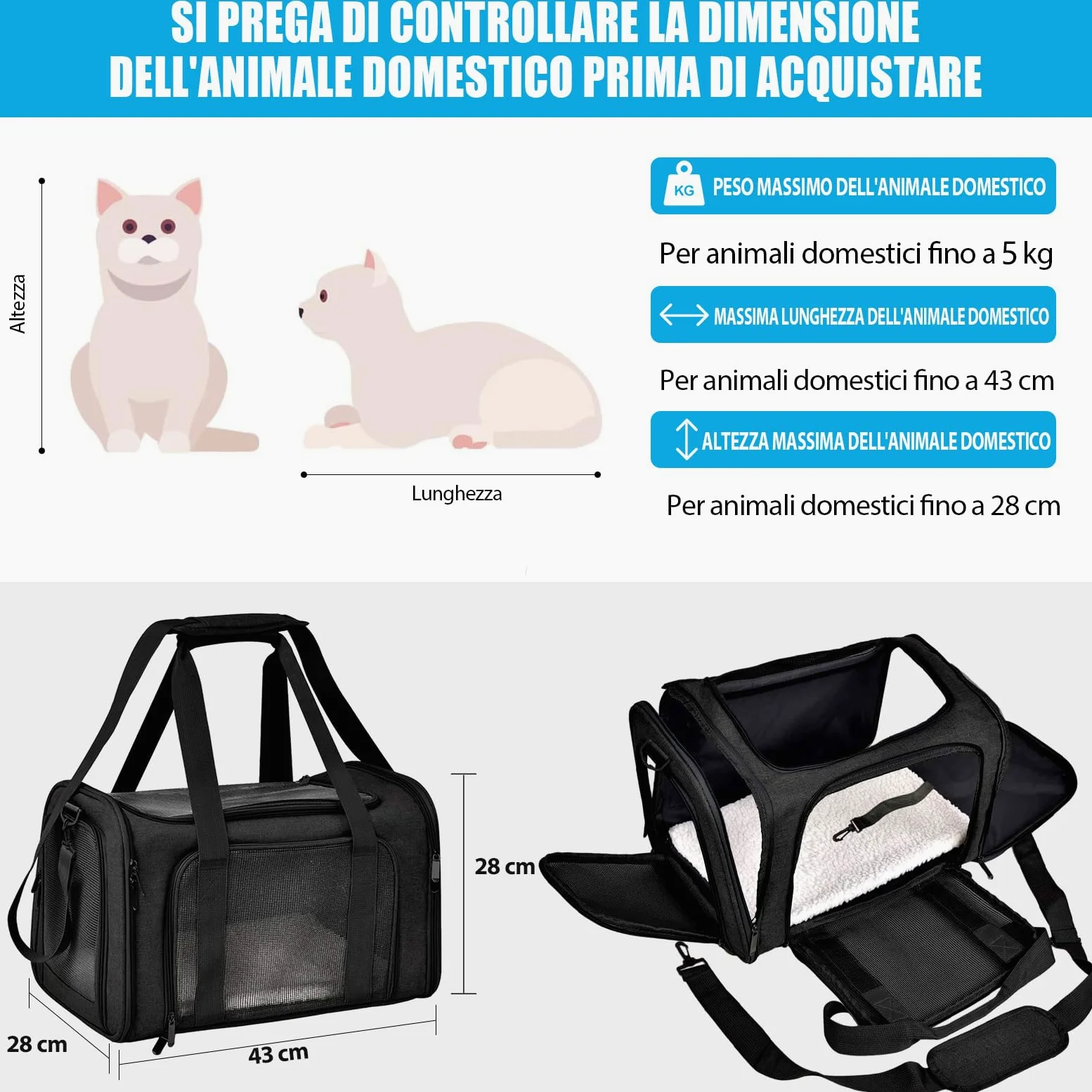 Trasportino per Cani e Gatti, Gabbietta per Animali Domestici, Tappetino Lavabile Rimovibile, con Tracolla per il Trasporto, Borsa Ripiegabile Viaggio Sull' Aereo (Nero)L 43 x B 28 x H 28 cm