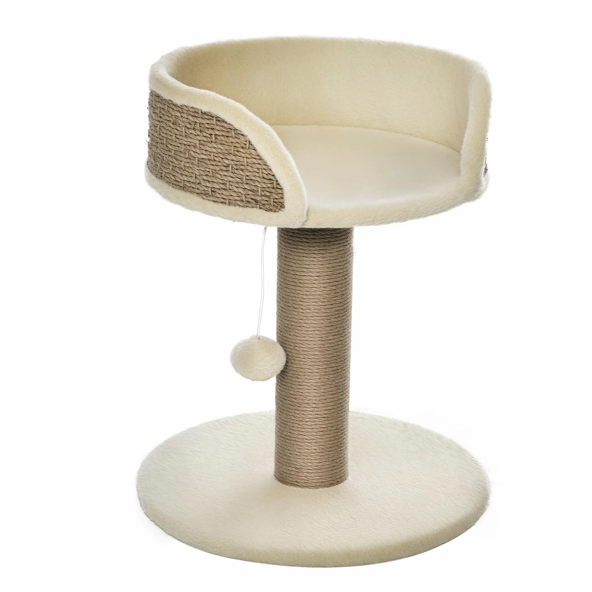 PawHut Albero Tiragraffi per Gatti Adulti e Gattini, Trespolo con Lettino per Gatti, Palo in Juta e Pallina Appesa, 40x40x49cm, Beige