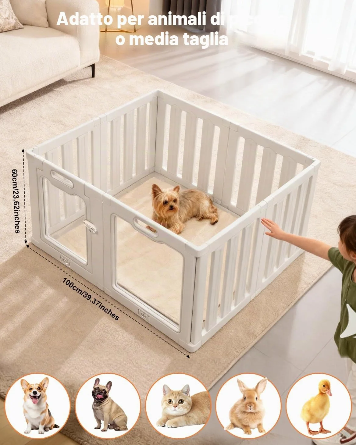 Recinto per Cani da Interno in Acrilico 100 × 60 cm, 8 pannelli Recinto per Cani Pieghevole, fai da te per cani di piccola e media, gatti e conigli, recinzione in plastica per interni, colore bianco