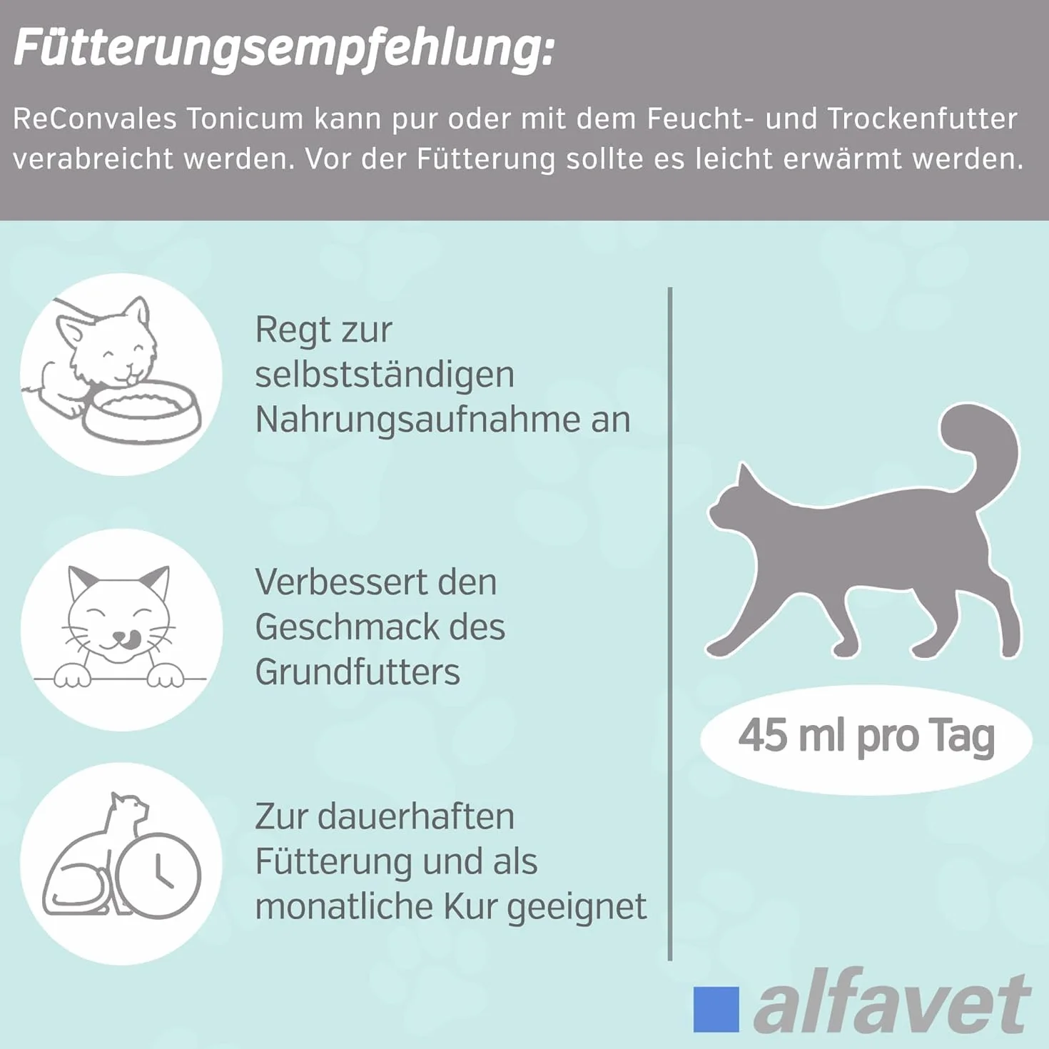 Alfavet ReConvales Tonicum Gatto (6 x 45 ml) – Mangime complementare liquido ad alta energia per gatti – con nutrienti selezionati, elevata appetibilità