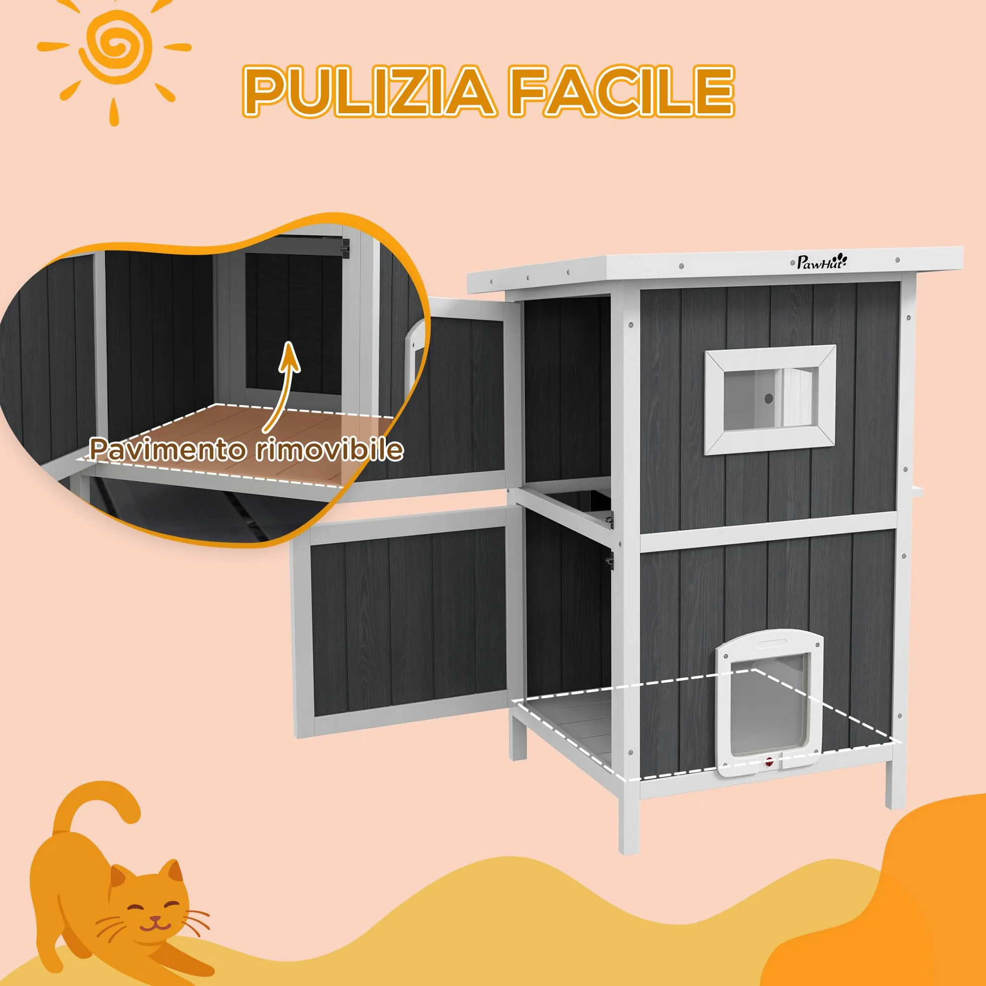 PawHut Cuccia Gatto Esterno in Legno di Abete a 2 Piani, Casetta per Gatti da Esterno con Tetto Apribile e Impermeabile, 60x60x90.5cm