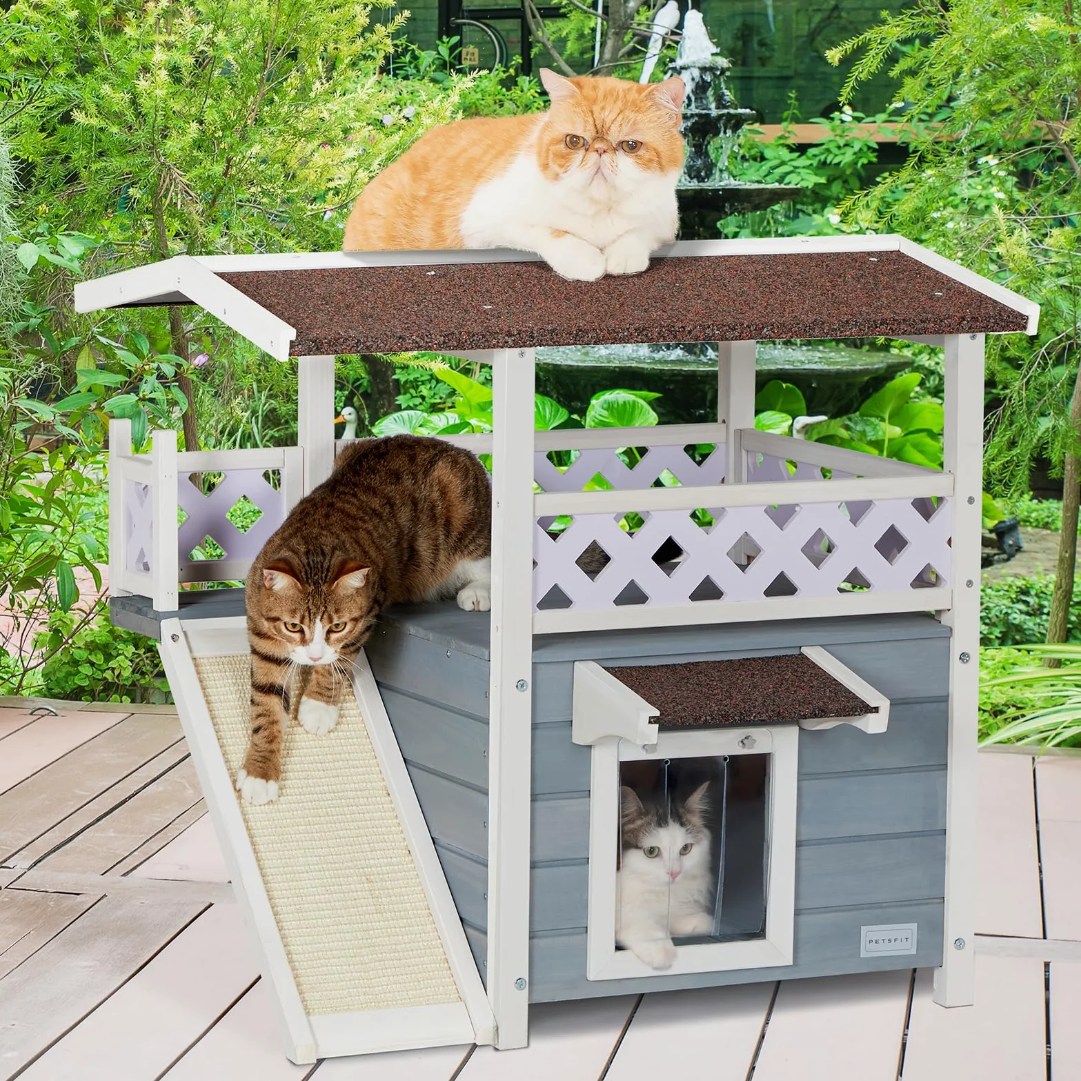 Petsfit Casetta per Gatti in Legno, con Tetto Asfalto, Cuccia per Gatto da Esterno (Grigio con tiragraffi, 76x56x72.4cm)