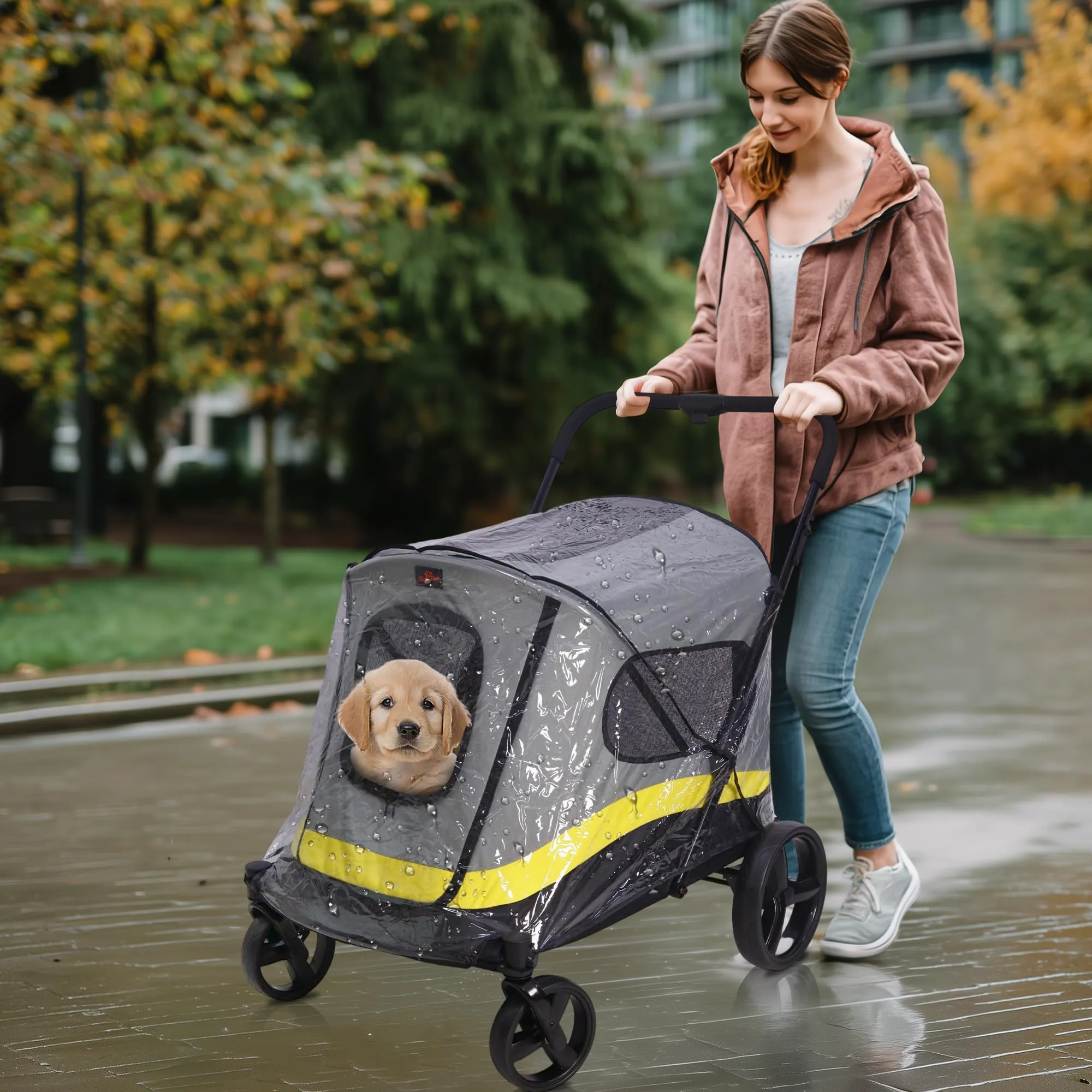 BingoPaw Passeggino per Cani Pieghevole: con Parapioggia Passeggino per Cani 42 kg Taglia Media Cuccioli e Gatti Durevole Passeggino Cane con Ruote Finestre a Rete Manico Regolabile