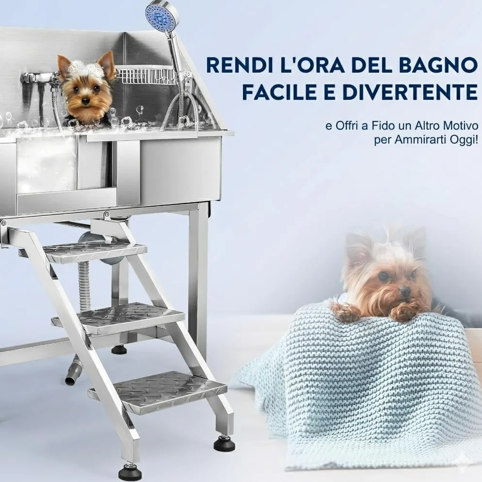 CO-Z 86 cm Vasca da Bagno per Cani in Acciaio Inossidabile, Vasca Toelettatura Professionale per Animali Domestici capacità 80 kg, Vasca Doccia per Toelettatura con Scale Porta Scorrevole Rubinetto