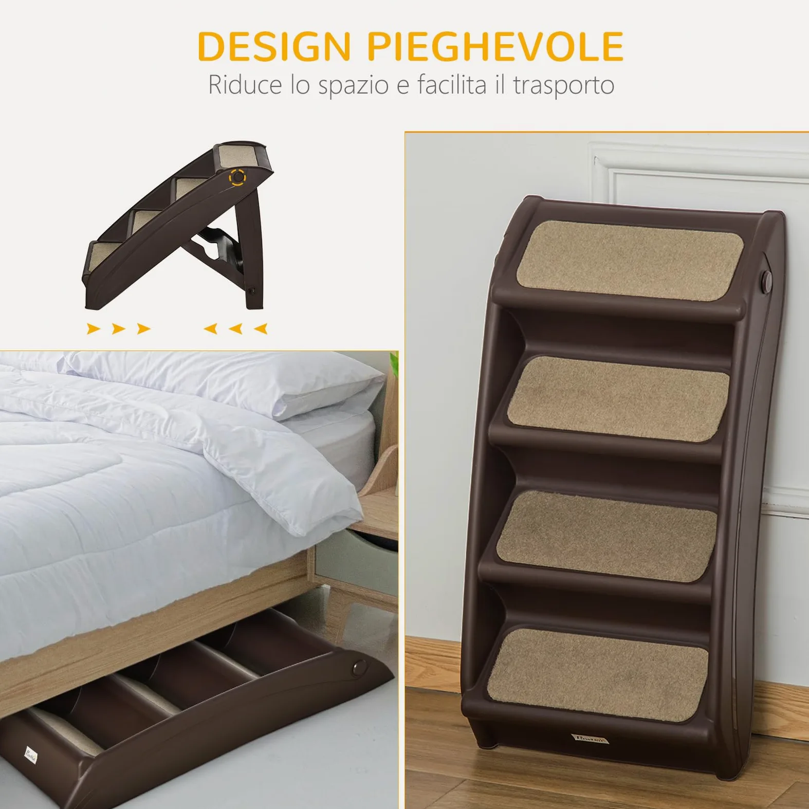 PawHut Scaletta per Cani Pieghevole con 4 Gradini Antiscivolo, Scala per Animali Domestici fino 10 kg in PP, 62x38x49.5cm, Marrone Scuro