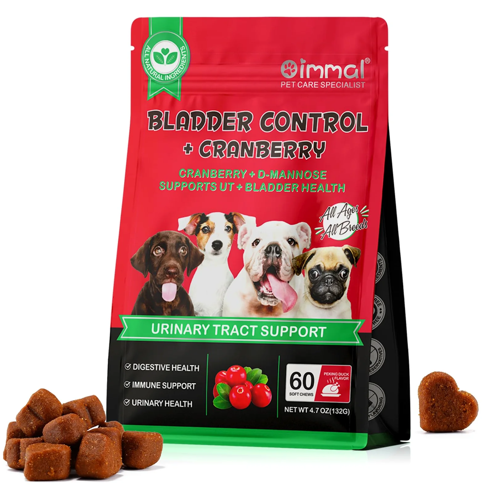 Supporto per vescica e reni per cani, integratore per il trattamento delle vie urinarie e il controllo della vescica, prodotti da masticare morbidi con mirtillo rosso e D-mannosio -60 pezzi