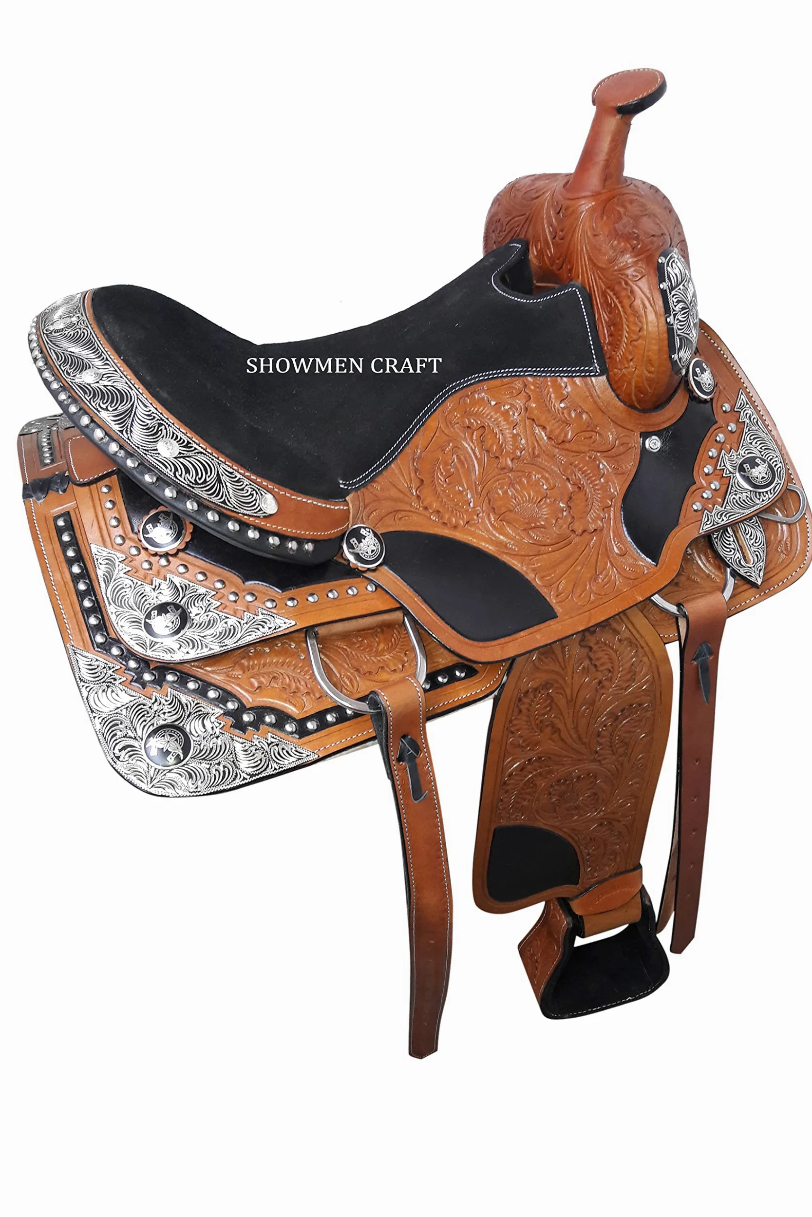 Sella western in pelle completamente show sella con canchos angolo argento con testiera e pettorale abbinati