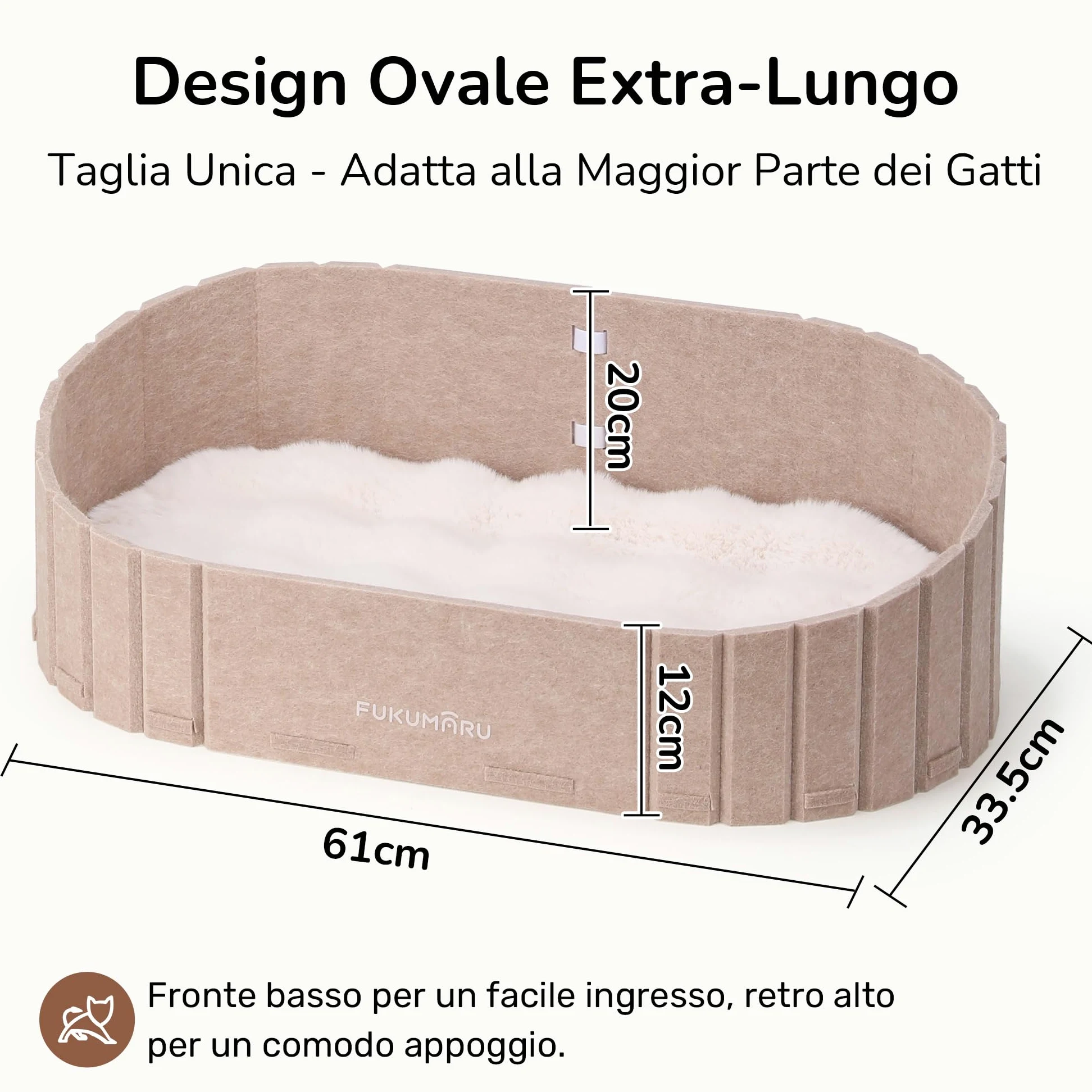 FUKUMARU Cuccia per Gatti Interno- Letto Extra Large 60 cm con Cuscino in Peluche Finto Coniglio, Divano/Casa Ovale in Feltro per Gatti Domestici. Sabbia