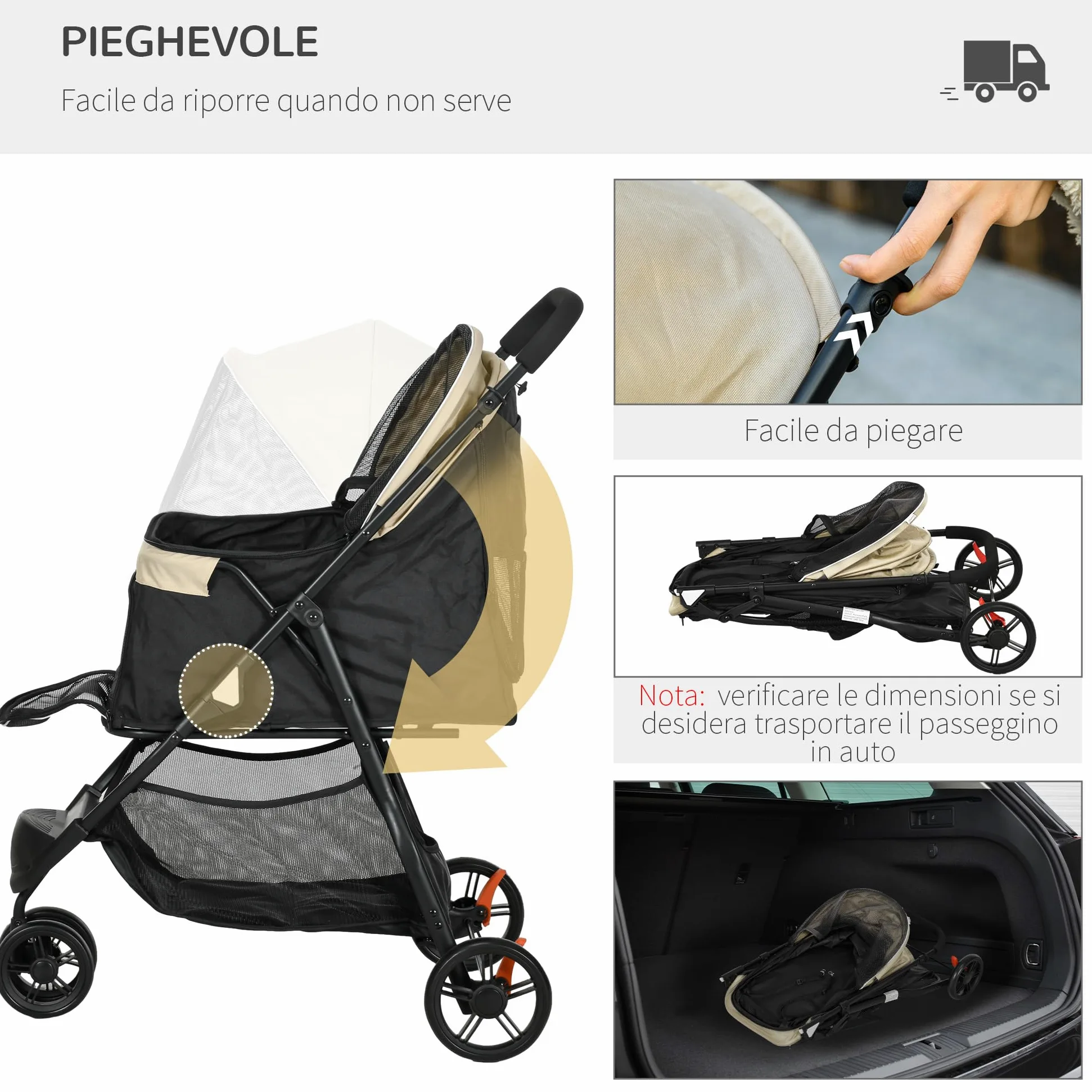 PawHut Passeggino per Cani Piccoli e Mini a 3 Ruote, Passeggino per Animali Pieghevole con Copertura Antipioggia, Cestino e Guinzaglio, Cachi