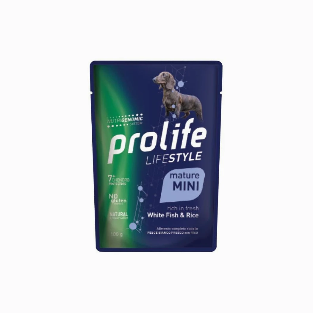 Prolife Umido Cane Mature Small Mini Lifestyle 100gr, alimento completo per cani anziani di tutte le taglie gusto PESCE BIANCO e RISO | 12 bustine da 100 grammi l’una.