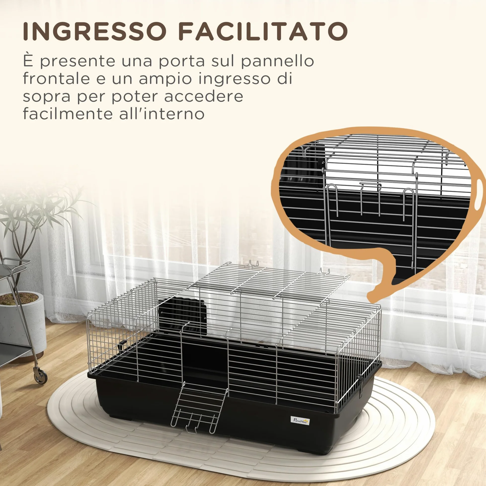 PawHut Gabbia per Conigli a 2 Aperture con Vassoio Rimovibile, Conigliera Gabbia per Roditori in Metallo e Plastica PP, 100x55x41 cm, Nero e Argento