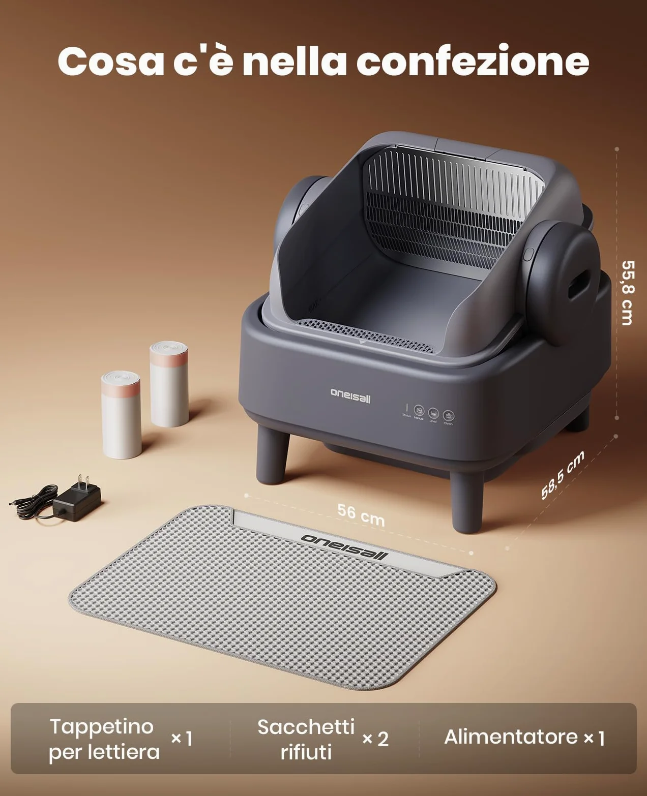 oneisall Lettiera Gatto Autopulentecon sistema EaseClean™, Lettiera Autopulente per Gatti XXL per gatti grandi, griglia in acciaio inox, modalità automatica e manuale, incl. Tappetino e 40 Sacchetti
