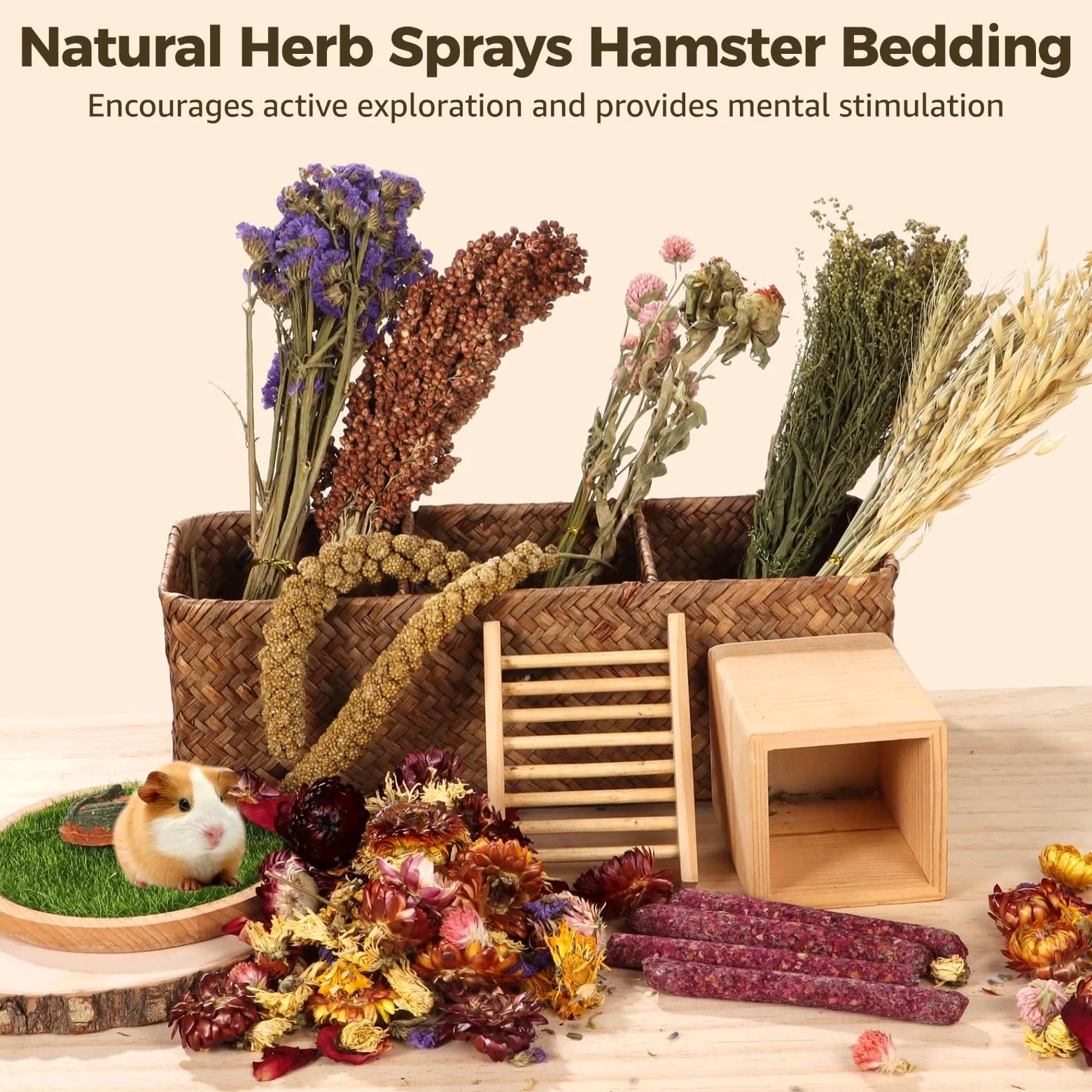 Homaisson Erbe naturali spray per criceti, decorazione per gabbia di criceti, semi di grano, fiori secchi per criceti, gerbilli siriani nani, porcellini d'India
