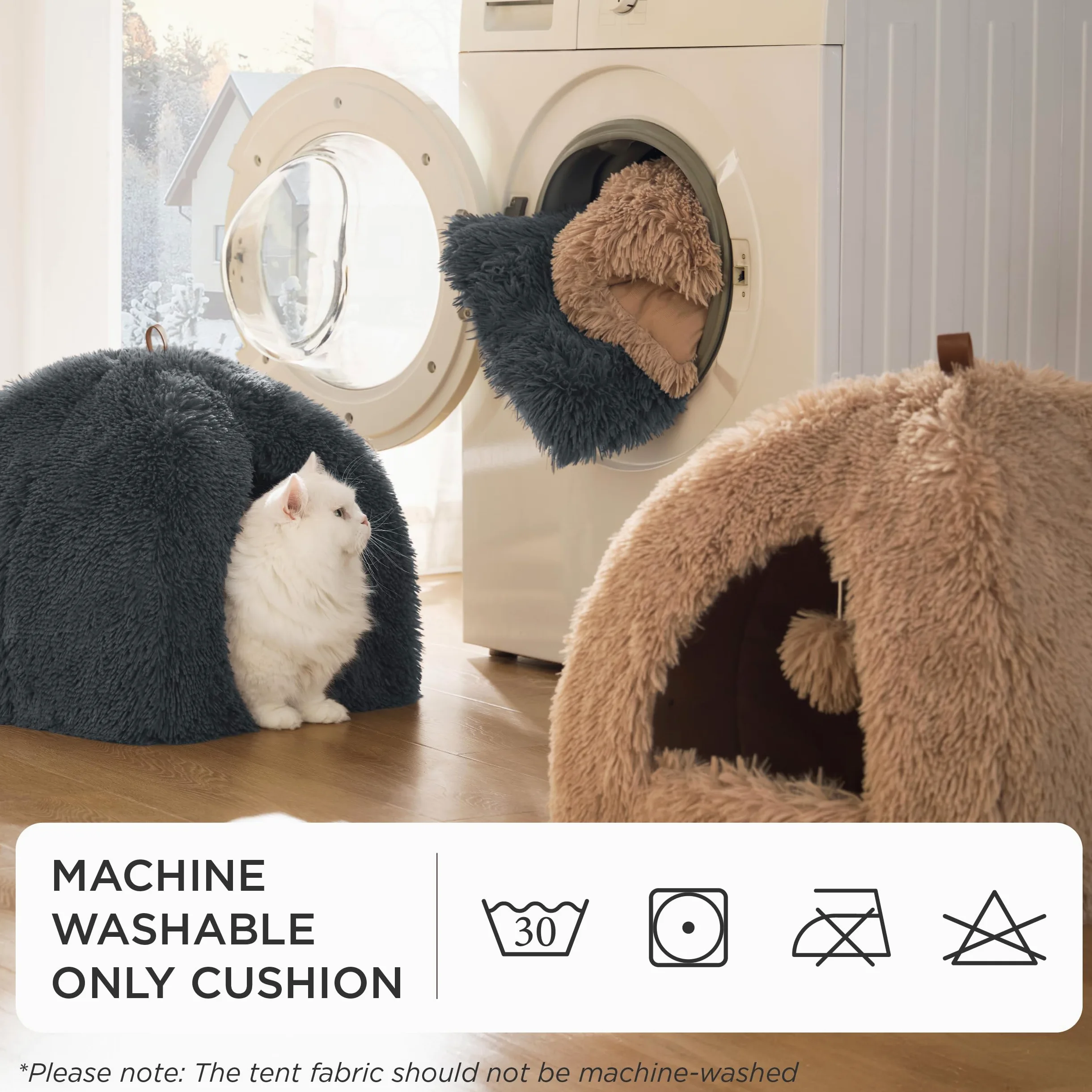 Bedsure Cuccia per gatti grande - 44x44x44 cm Casetta per gatti in peluche per interni con cuscino rimovibile e giocattolo appeso, lettino per gatti lavabile, cammello
