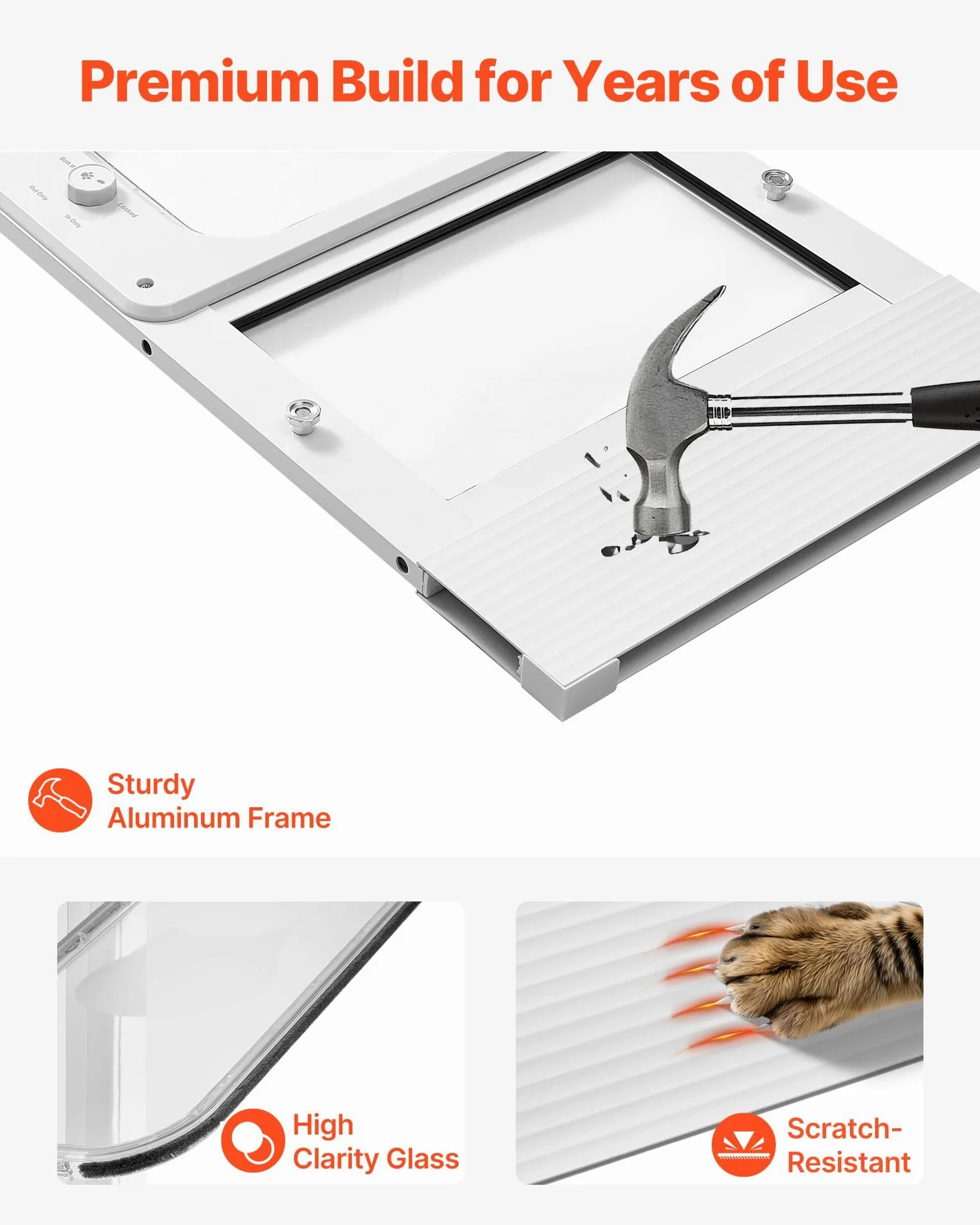 VEVOR Porta per Gatti per Finestra Regolabile Finestre di Larghezza da 788 a 915 mm, 4 Modalità di Chiusura di Sicurezza, Telaio in Alluminio e Vetro ad Alta Trasparenza, Chiusura Magnetica, Bianca