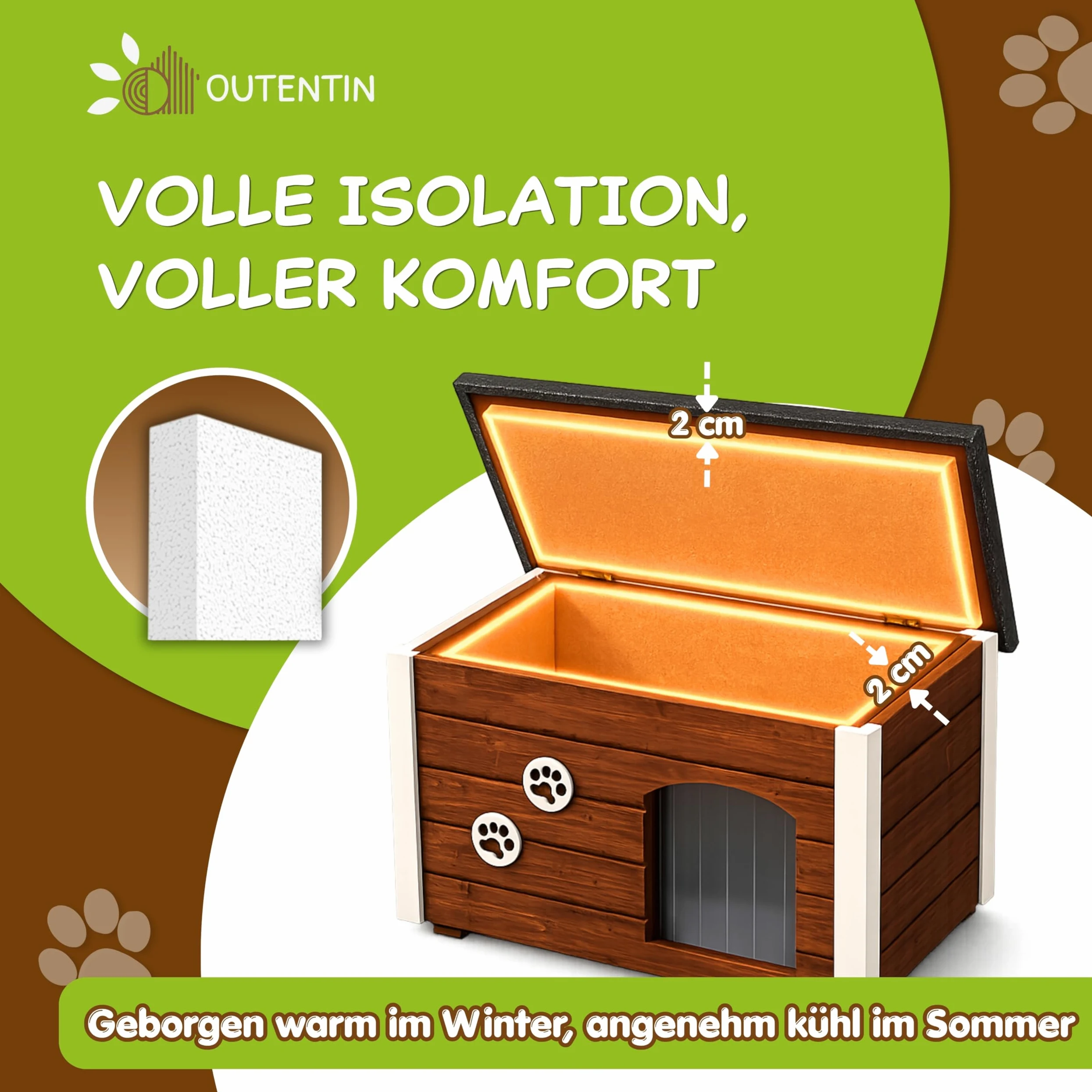 Outentin Cuccia Per Cani Da Esterno Invernale - Casa Per Cani Di Taglia Media Isolata e Impermeabile - Cuccia Per Esterni con Tetto Piatto Apribile - Villa Moderna e Robusta - 76 x 60 x 60 cm - Noce