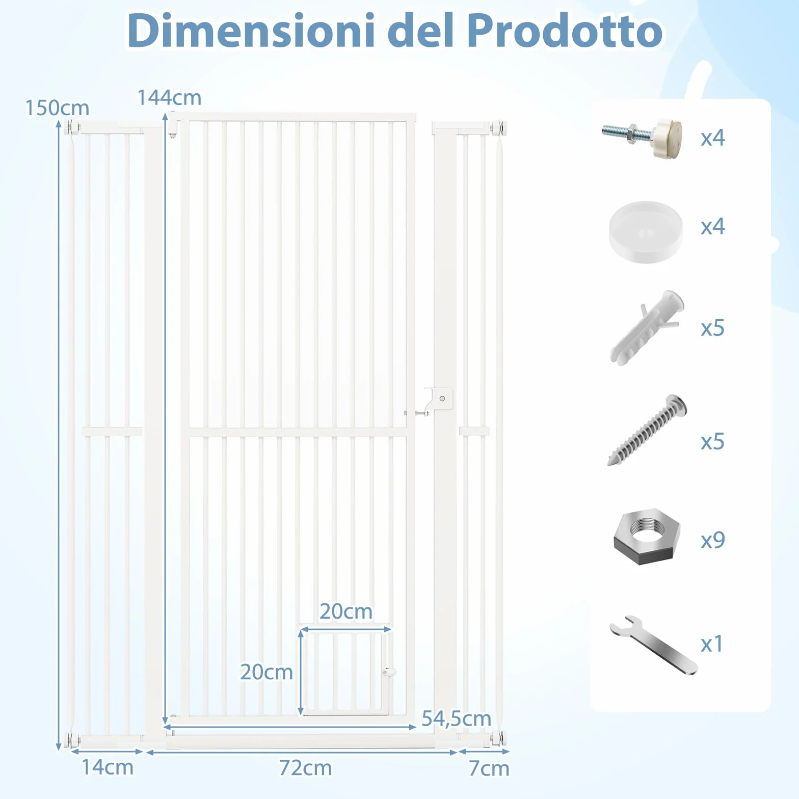 COSTWAY Porta per Animali Domestici Extra Alta, Cancello per Gatti in Metallo Pesante con Apertura da 77-104 cm, 2 Kit di Estensione, Porta Facilmente Percorribile (77-104 cm x 150 cm)