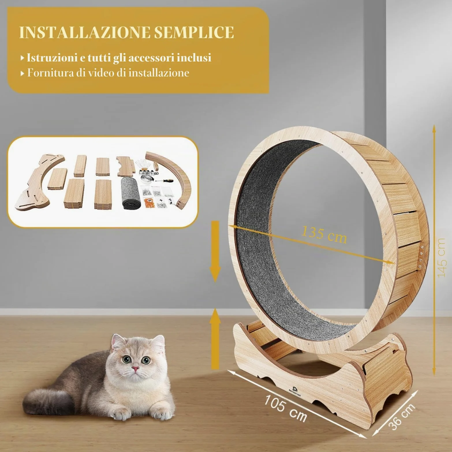 ruota per gatti XXL colore legno naturale – Ruota per gatto diametro 135cm, silenziosa e robusta per esercizio e intrattenimento in casa – Design elegante, ideale per gatti grandi e attivi