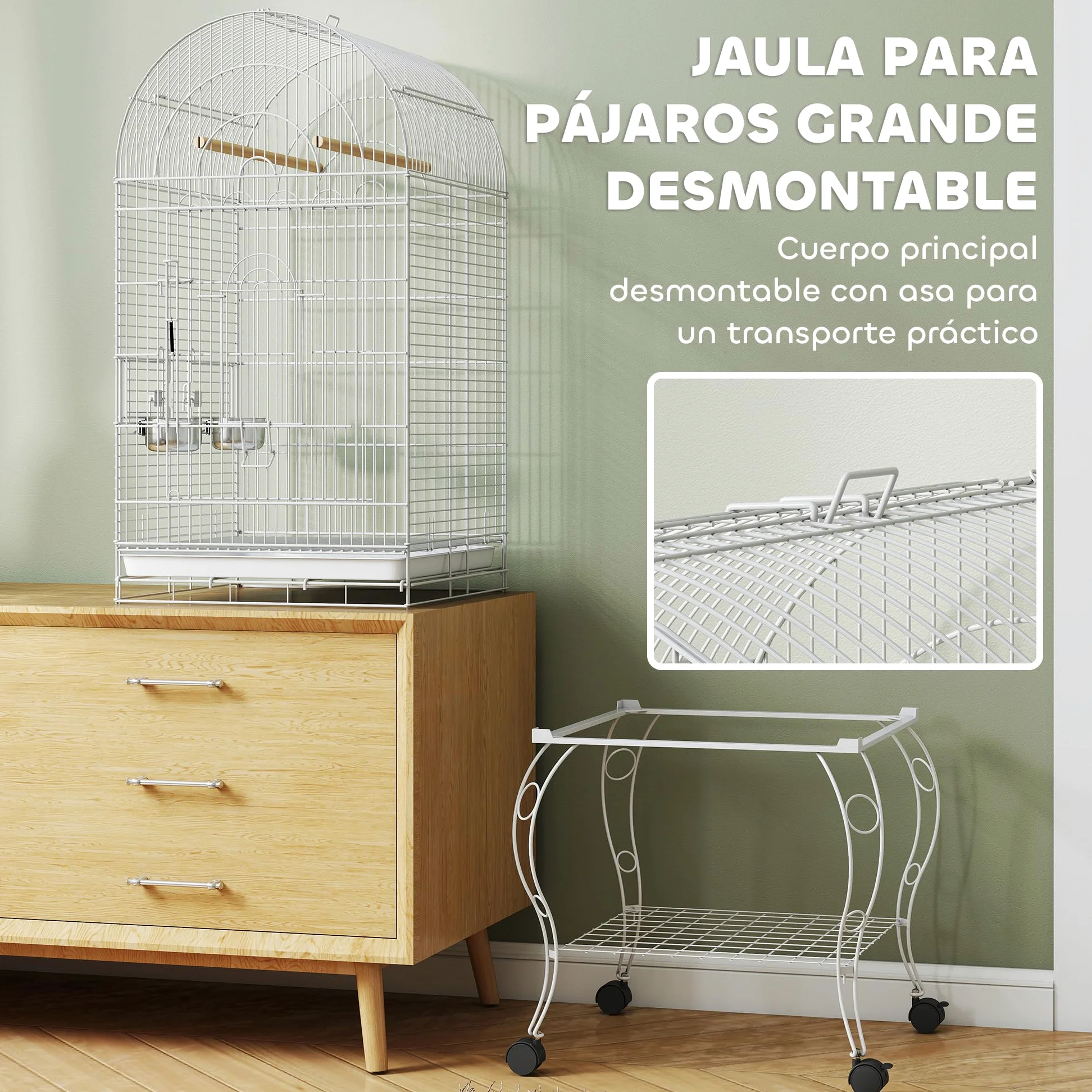 PawHut Gabbia per uccelli con ruote e ripiano, 51x51x153 cm, gabbia grande con parte superiore ribaltabile, 2 mangiatoie, 2 posatoi, 4 porte e vassoio estraibile, per pappagalli e canarini, bianco
