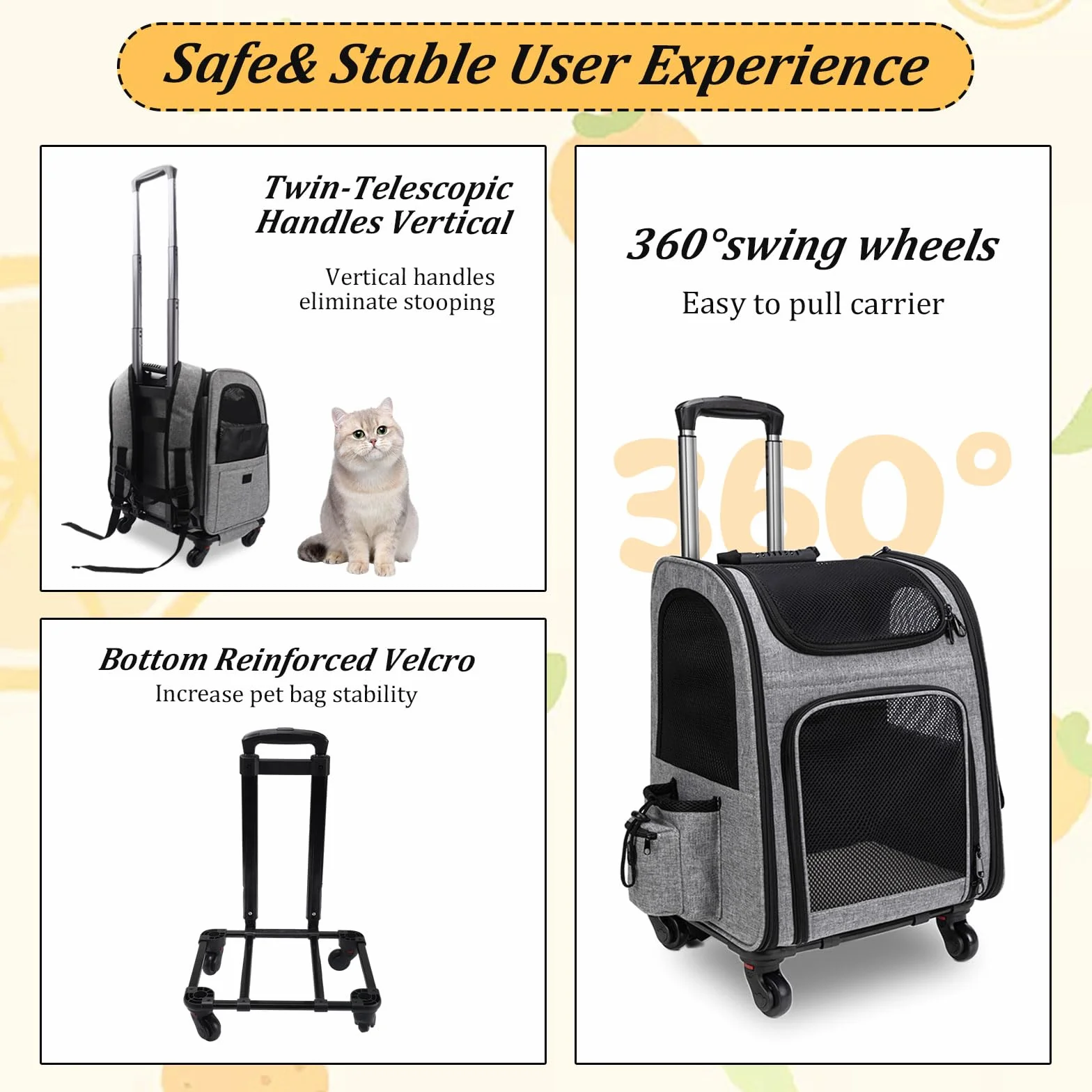 Trasportino Gatto con Ruote, Trasportino da Viaggio per Animali, Zaino Trolley per Cani Gatti con Tasche, Portatile Traspirante, per Cani Piccoli Gatti Medi Fino 15 KG per Viaggi Lunghi Corti