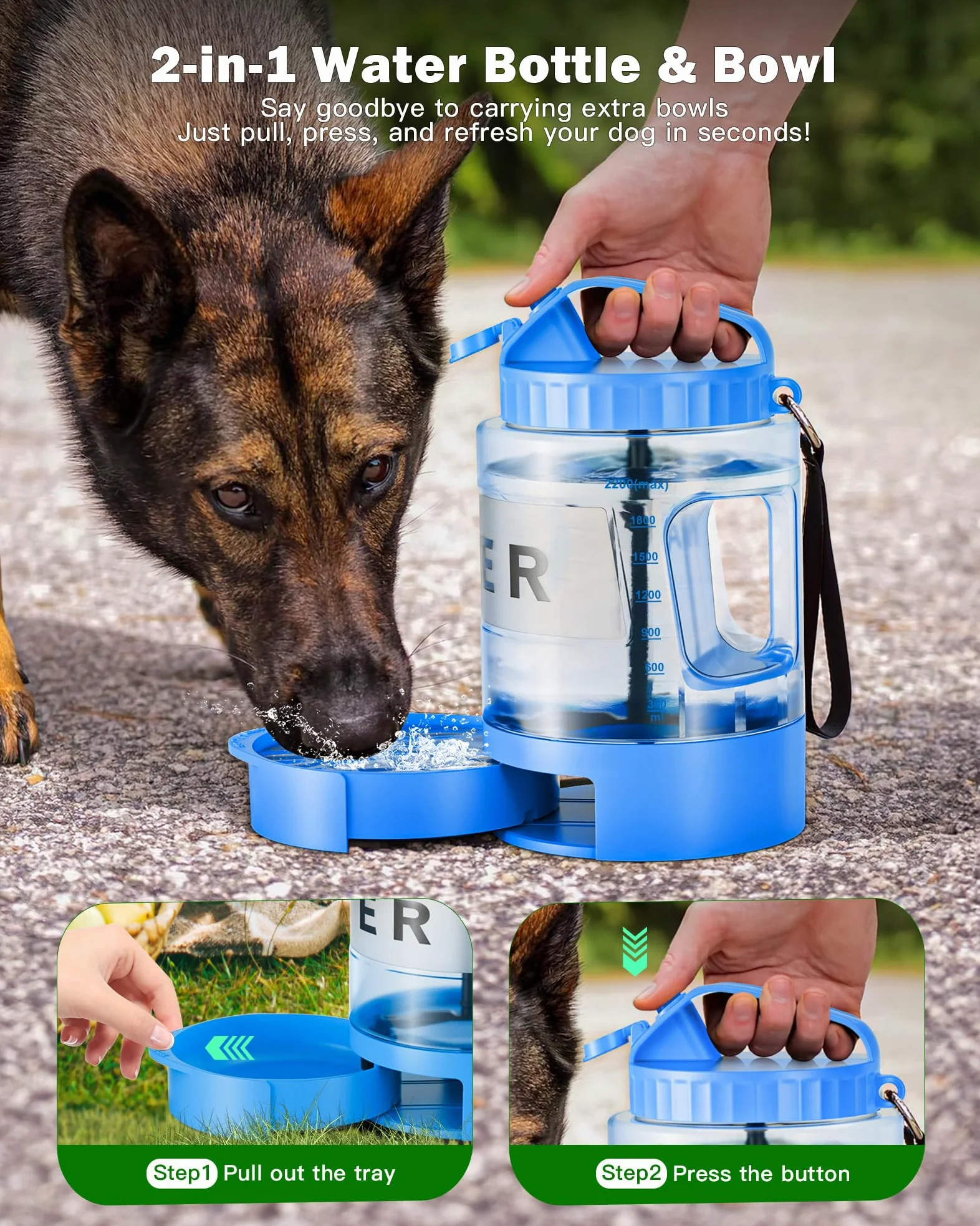 SwSun Grande borraccia portatile per cani, dispenser d'acqua da viaggio per cani, con ciotola estraibile, ideale per escursioni, campeggio, parchi per cani, a prova di perdite, senza BPA, per cani di