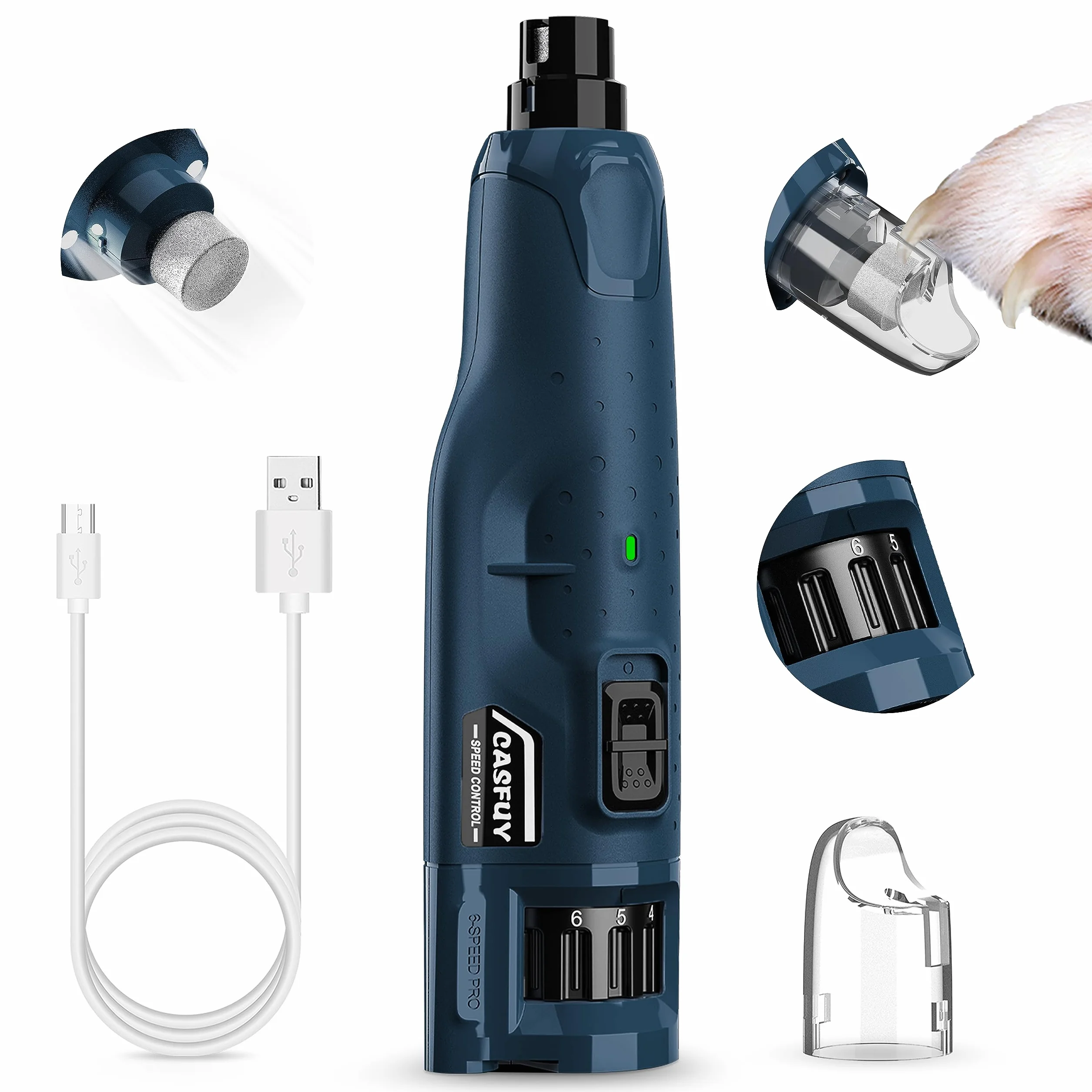 Casfuy Lima Unghie Cani Silenzioso - (45db) Smerigliatrice per Unghie a 6 velocità con 2 luci LED per Cani/Gatti, Tagliaunghie per Cani Elettrico Ricaricabile a 3 Porte con Cappuccio Antipolvere