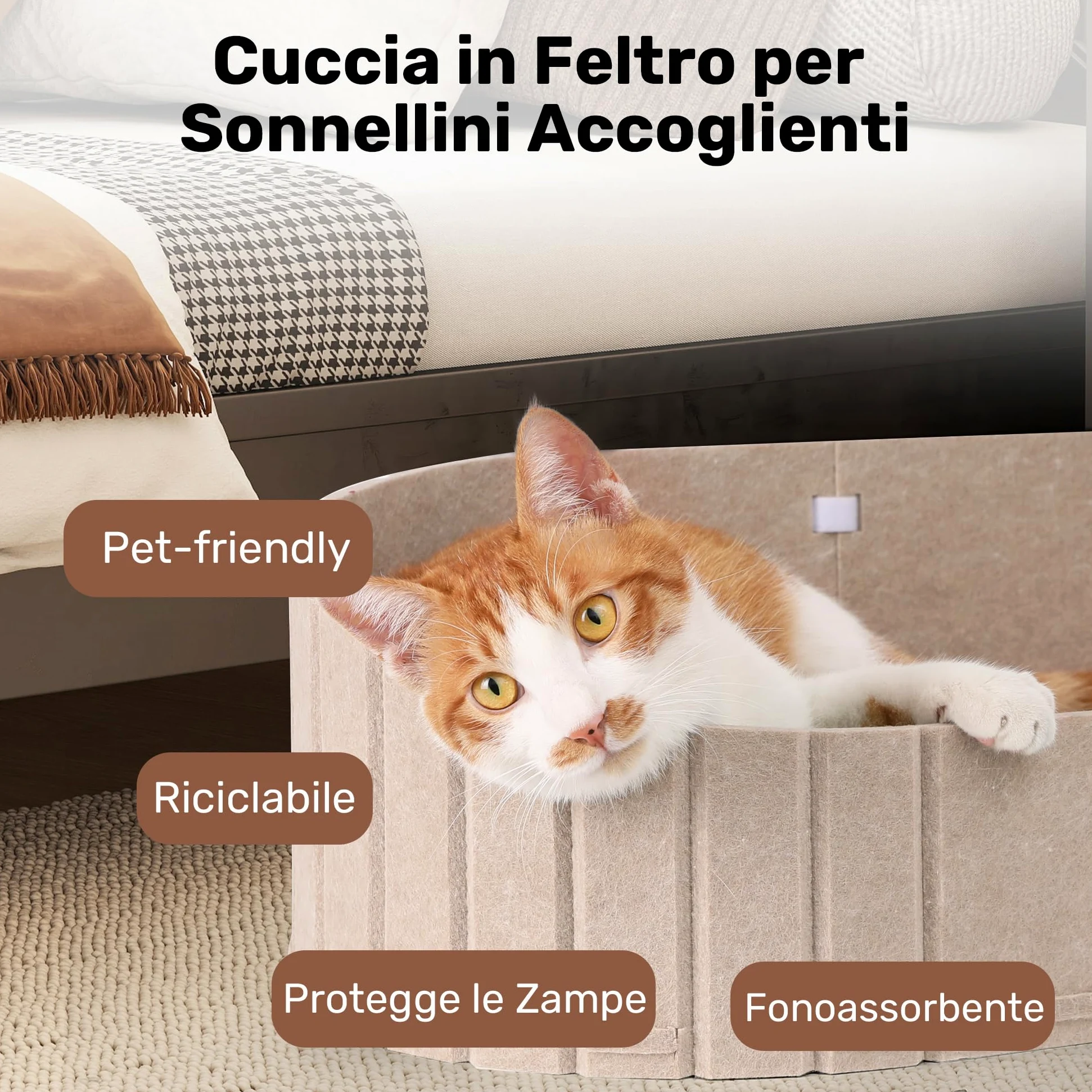 FUKUMARU Cuccia per Gatti Interno- Letto Extra Large 60 cm con Cuscino in Peluche Finto Coniglio, Divano/Casa Ovale in Feltro per Gatti Domestici. Sabbia