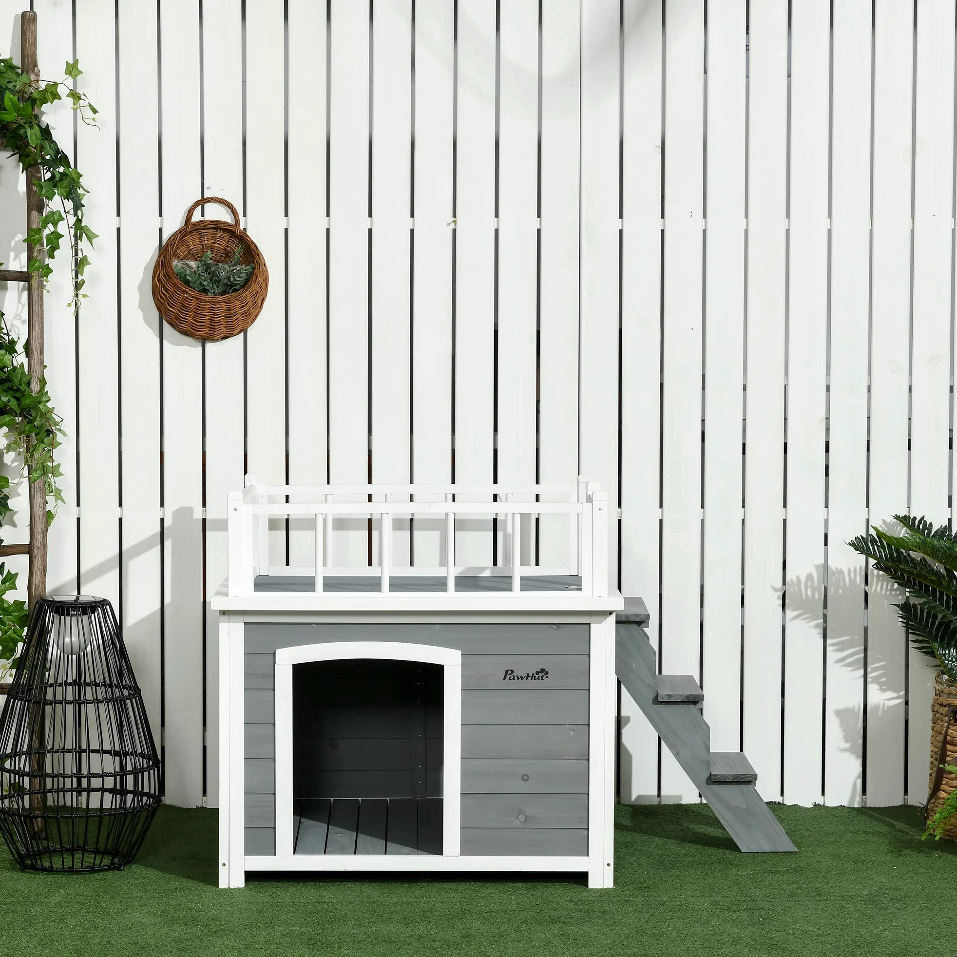 Pawhut Casetta per Cani di Piccola e Media Taglia con Terrazza, Scaletta e Finestra,121x77x78cm, Grigio chiaro